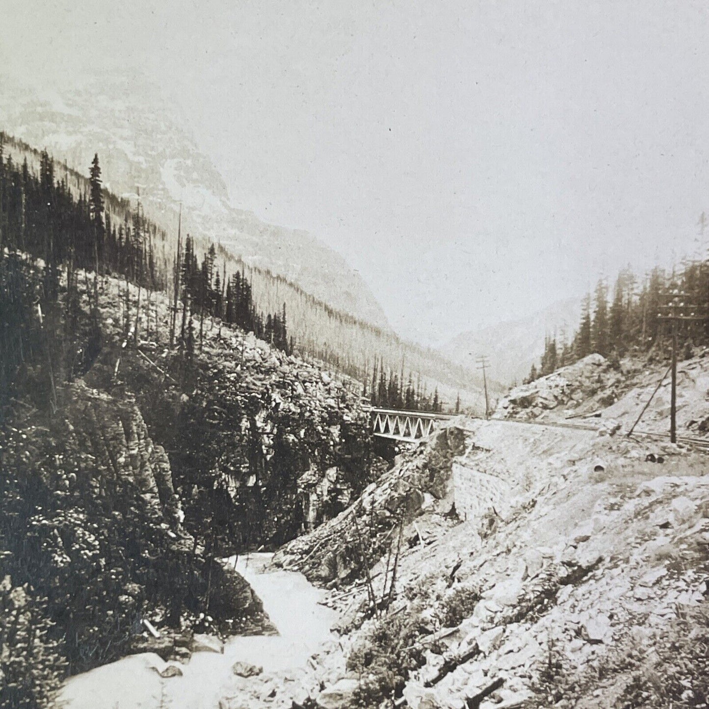 Kicking Horse Pass Train Bridge Alberta Stereoview CPR Rail Views c1905 Y2122