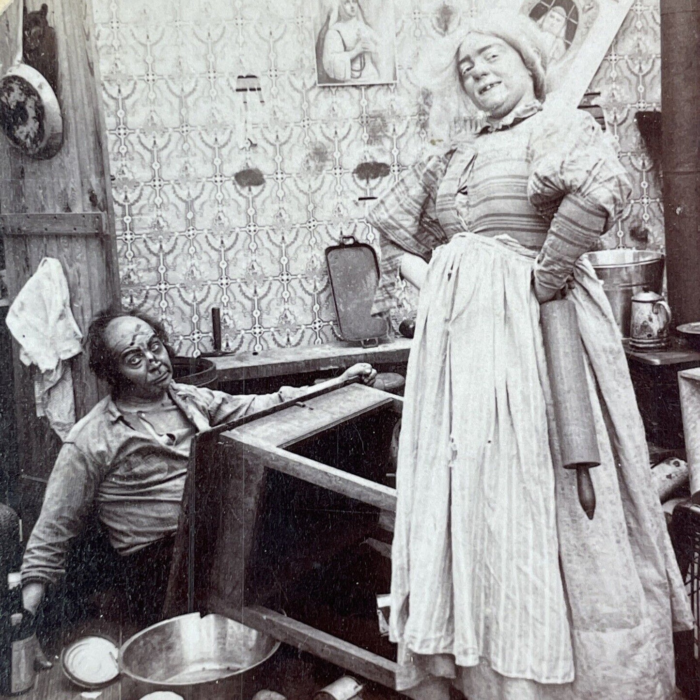 Lot of 2 Woman Beats Man with Rolling Pin Stereoview Series c1897 Y1392