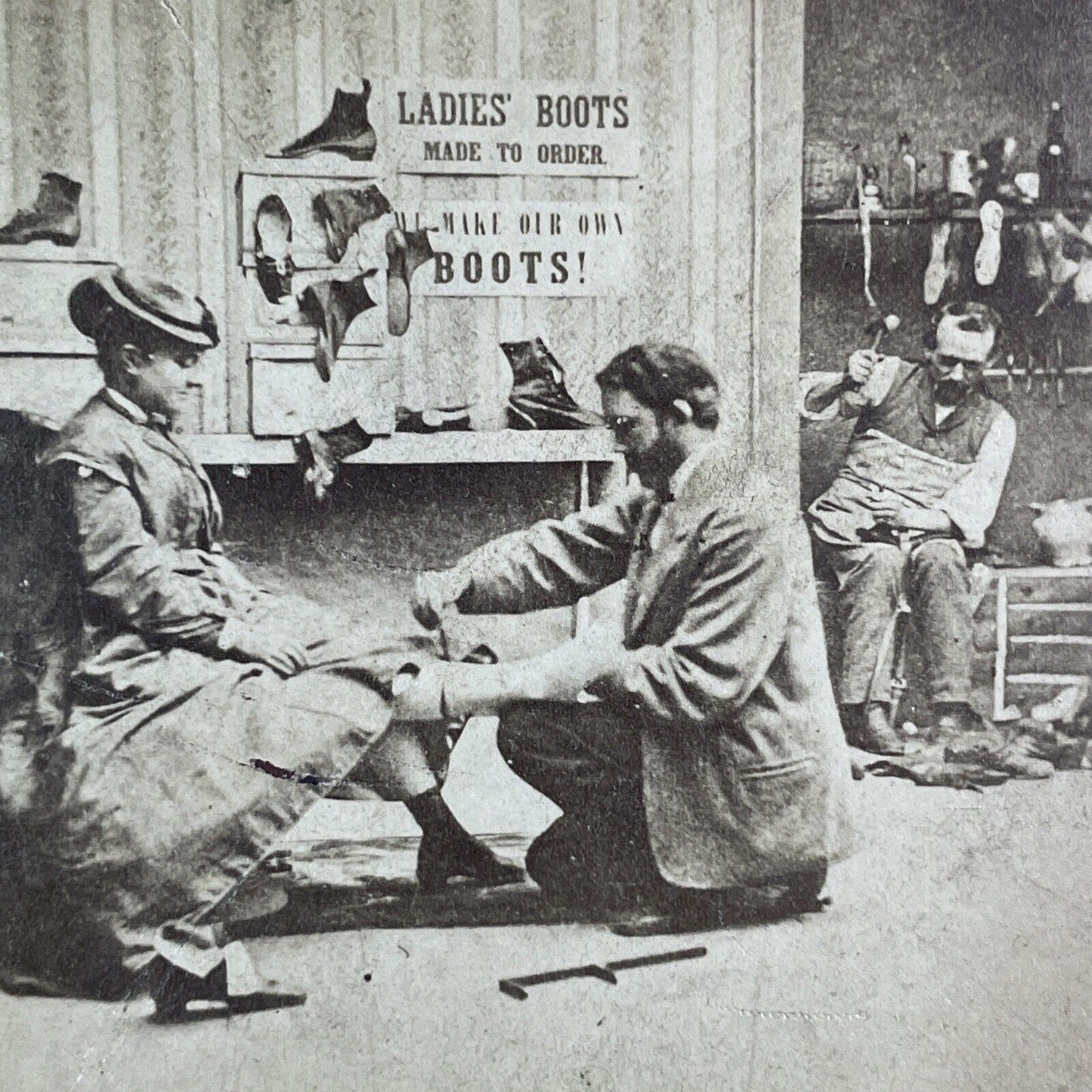 Shoemaker Man Measures Woman's Foot Stereoview Antique c1870s Y1208