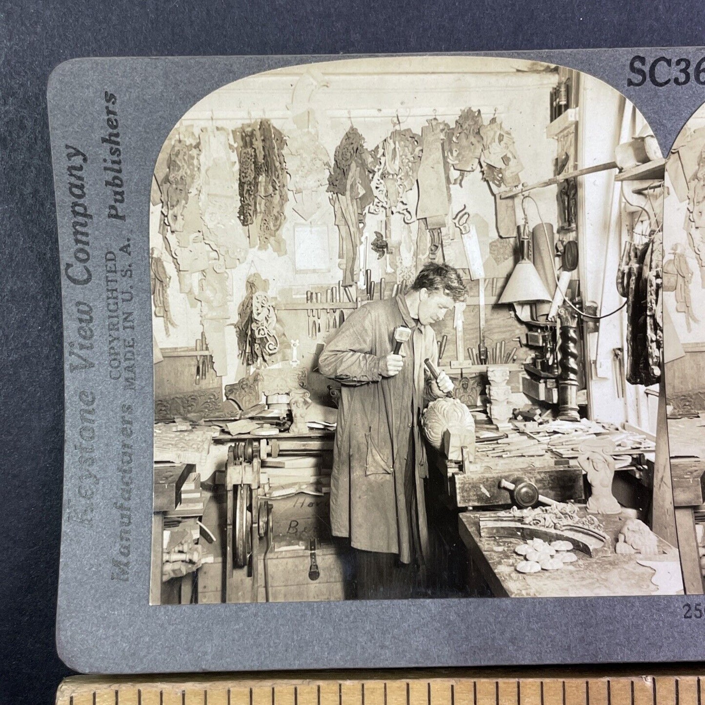 A Master Wood Carver in Bergen Norway Stereoview Antique c1910s Y1367