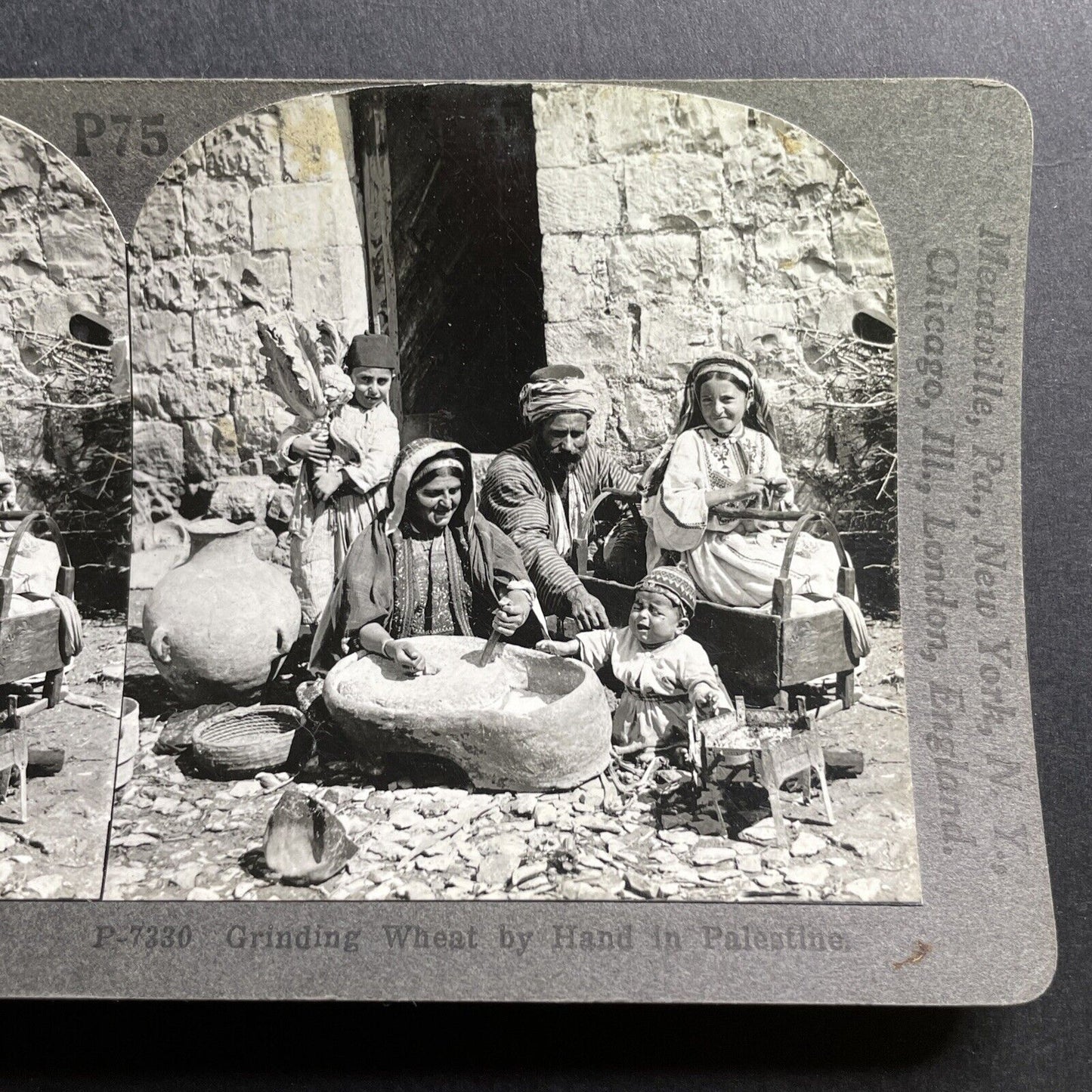 Antique 1918 Palestinian Wheat Grinding Technique Stereoview Photo Card P1726