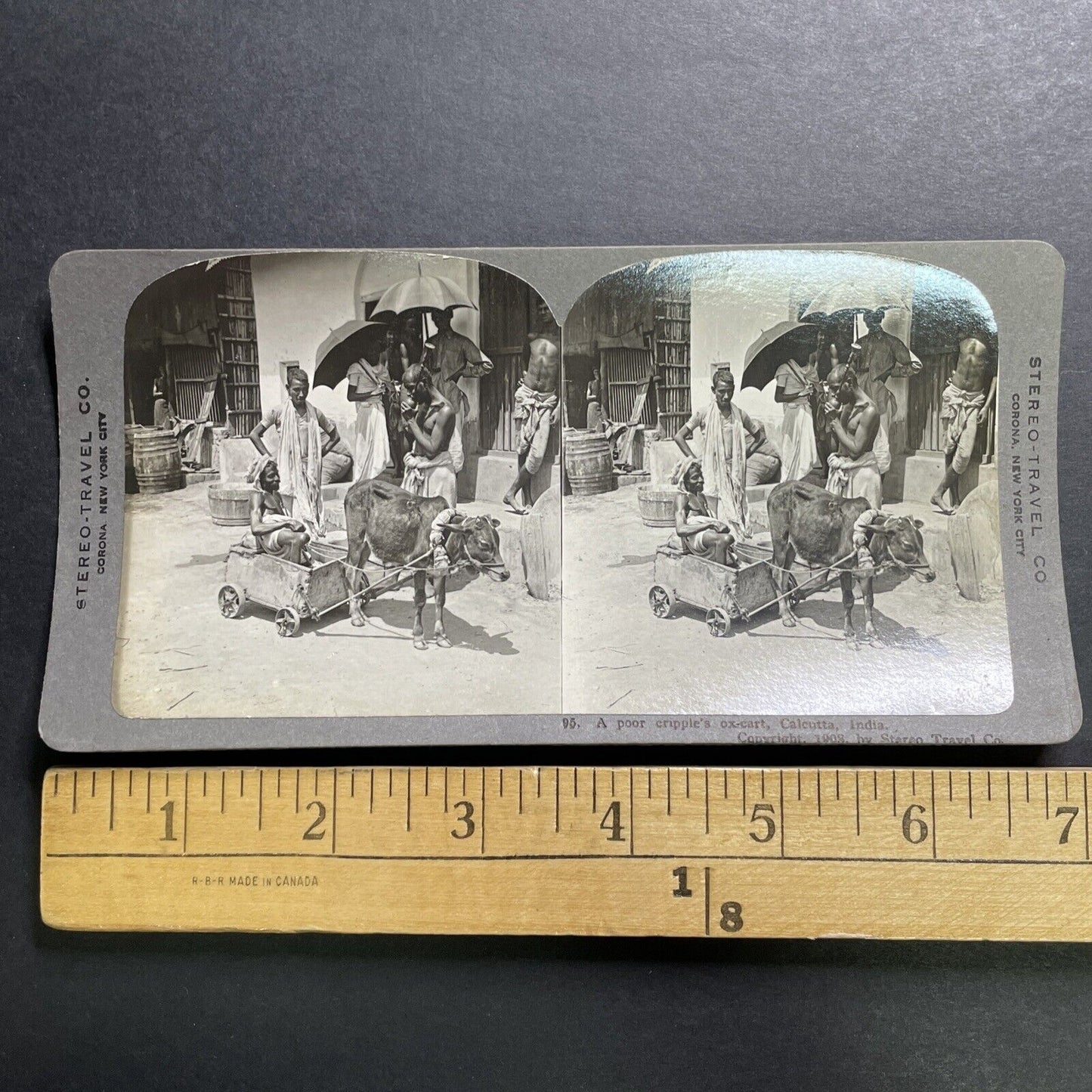 Antique 1908 Man In Ox Cart Wheelchair In Calcutta Stereoview Photo Card P1358