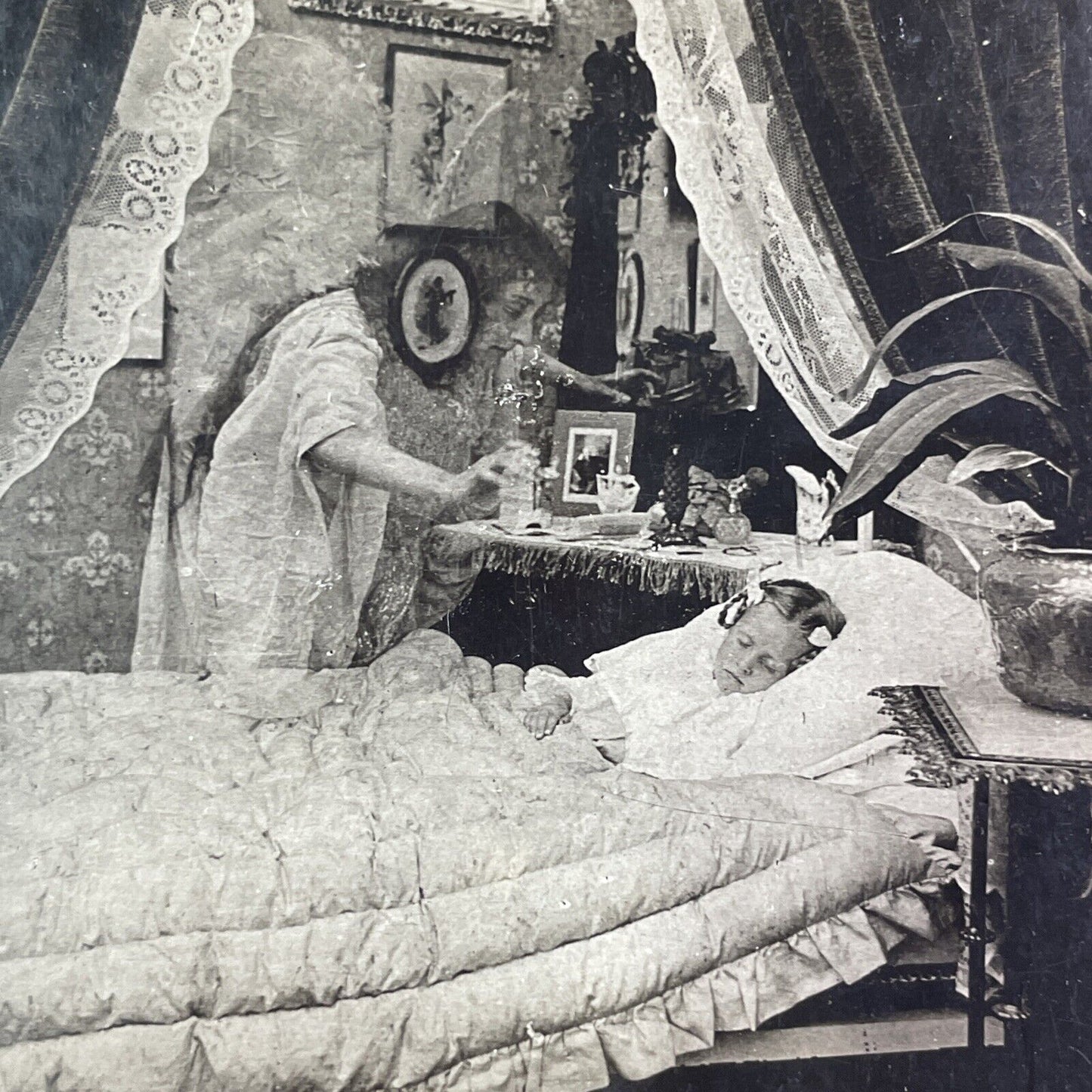 Ghost Mother Angel Hovers over Child Stereoview Antique c1898 Y1359