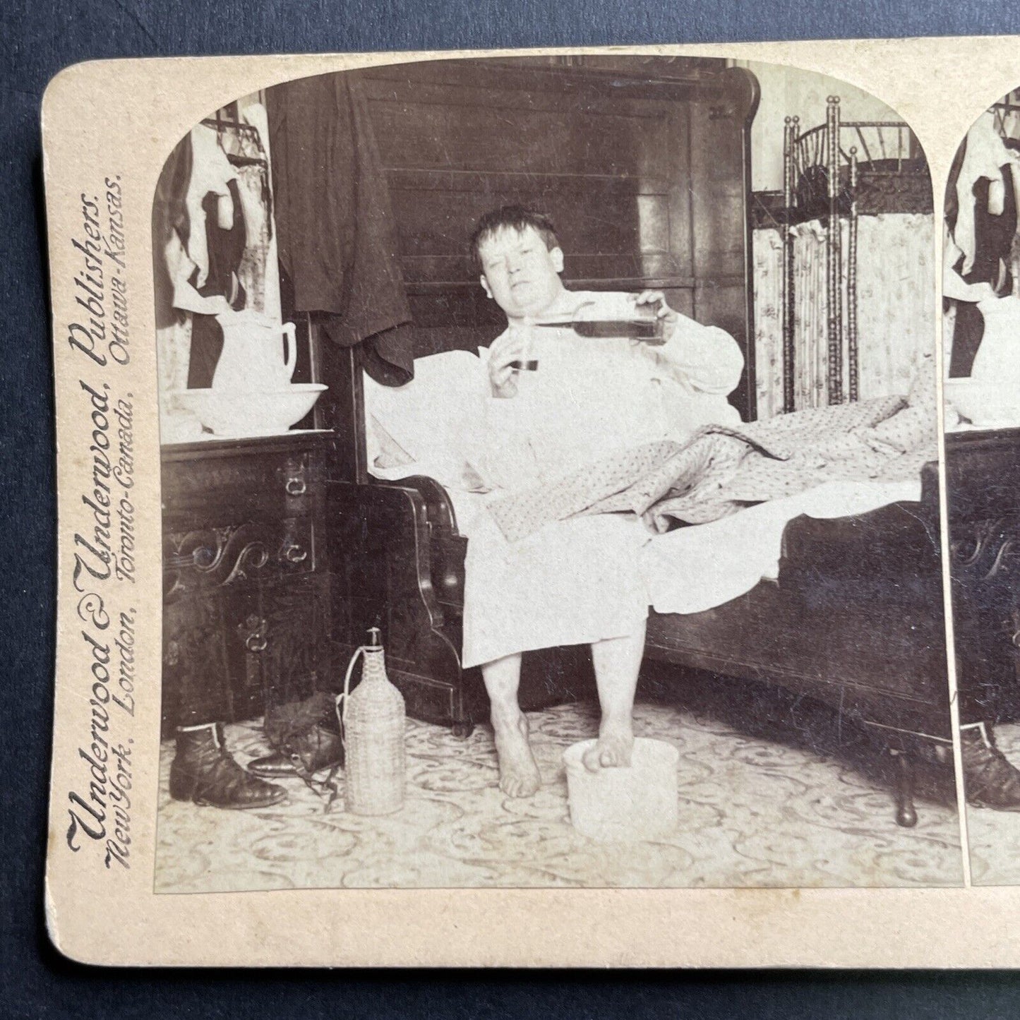 Antique 1895 Boy Wakes Up Drinking Whiskey Stereoview Photo Card P1642