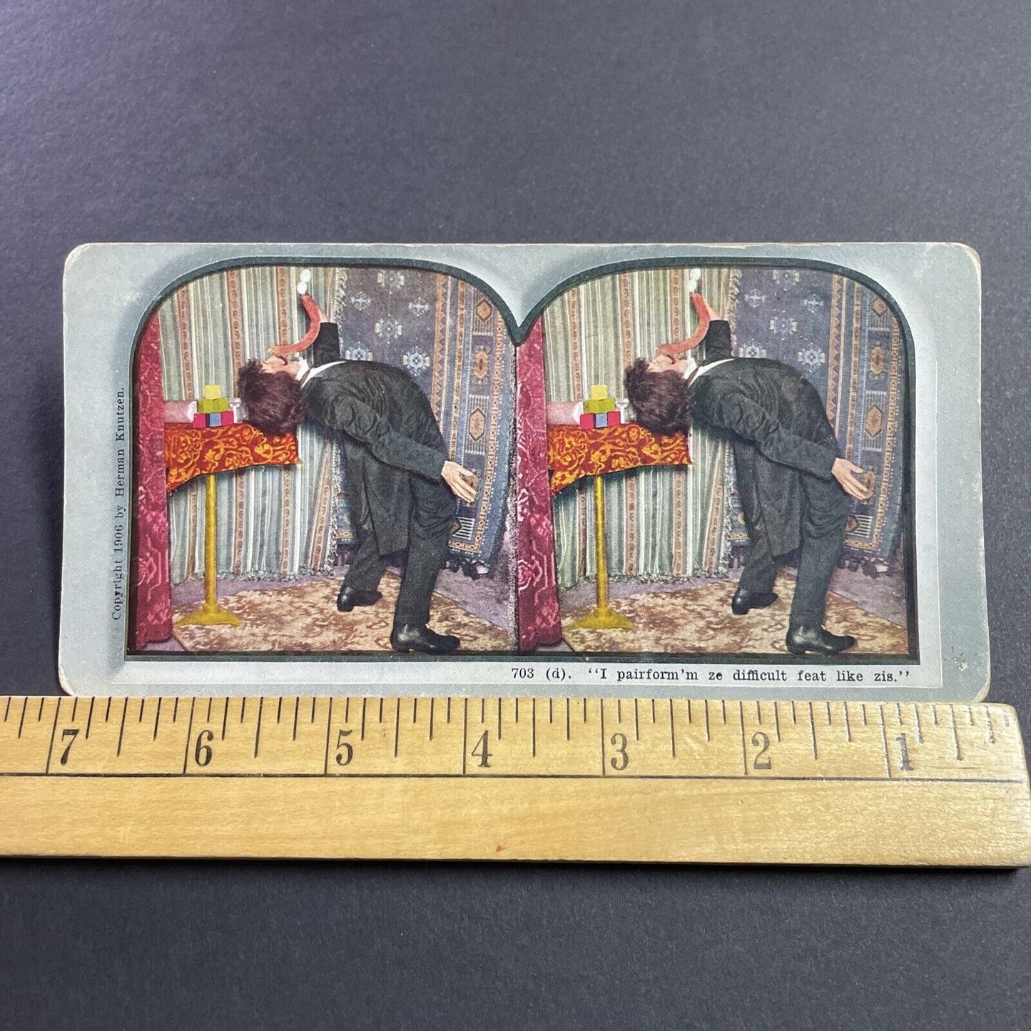 Antique 1906 Circus Magician Balancing Eggs & Sausage Stereoview Photo Card 2262