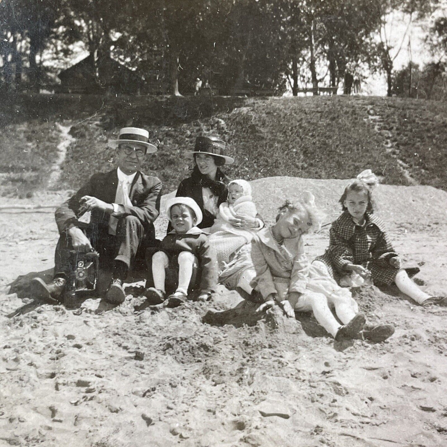 Family on a Beach Grimsby Park Ontario Canada Stereoview Antique c1913 Y2734