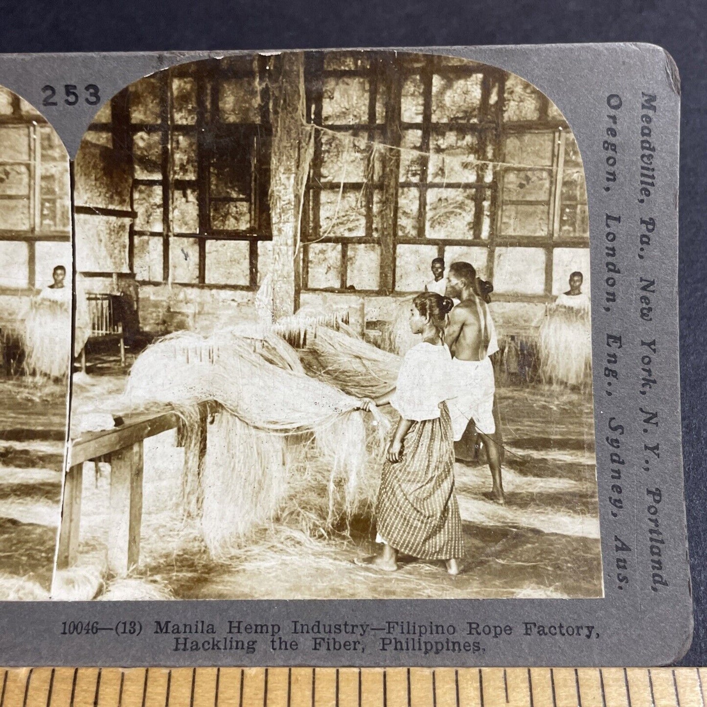 Antique 1906 Pinay Pinoy Woman Weaving Hemp Stereoview Photo Card P4477