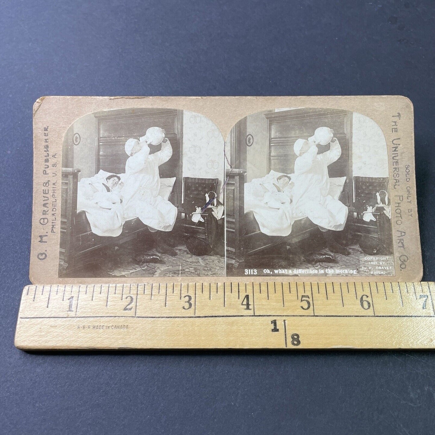 Antique 1897 Drunk Man Drinks From Urinal Pot Stereoview Photo Card P2988