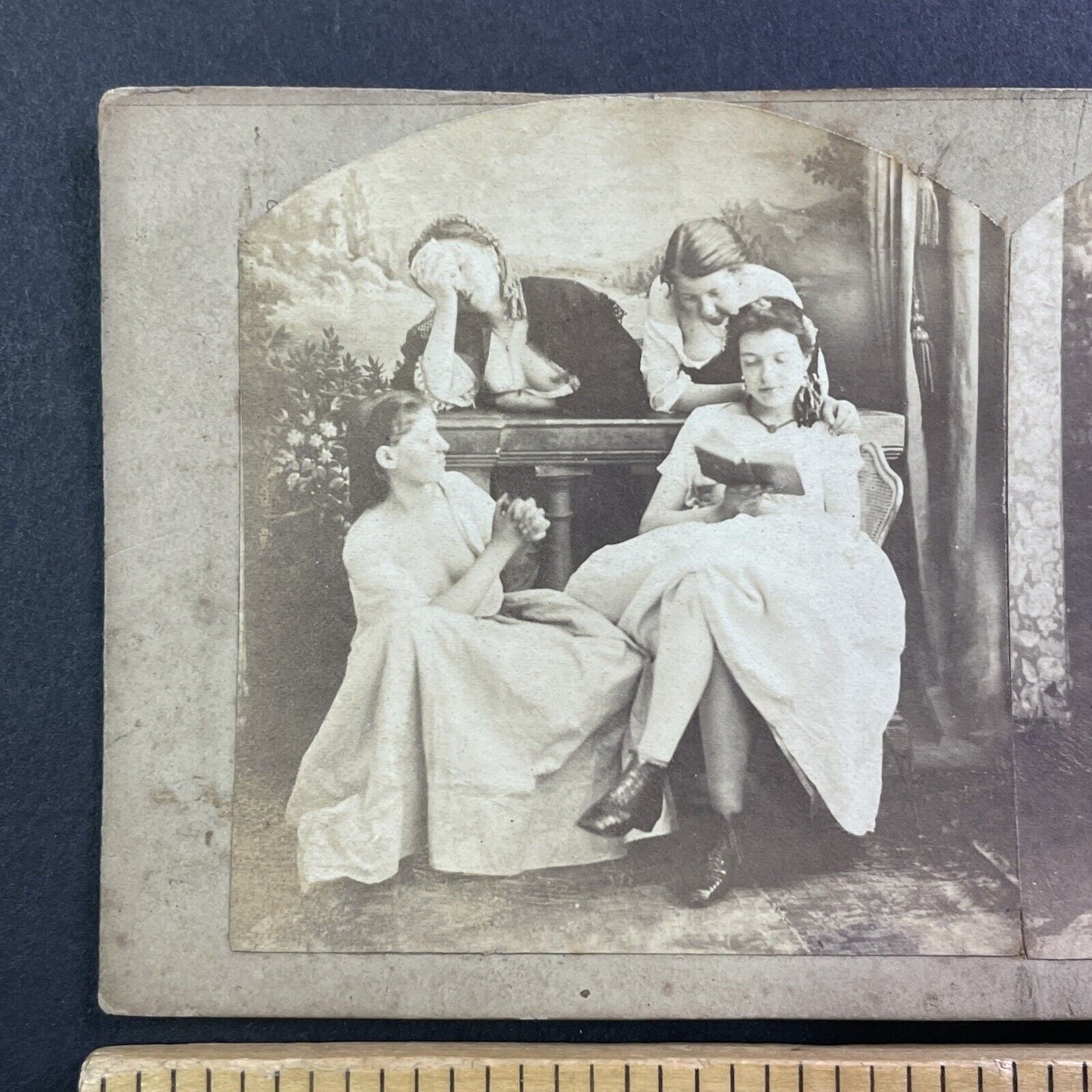 Nude Bare-Breasted Women Reading A Book Stereoview Antique c1860s Y022
