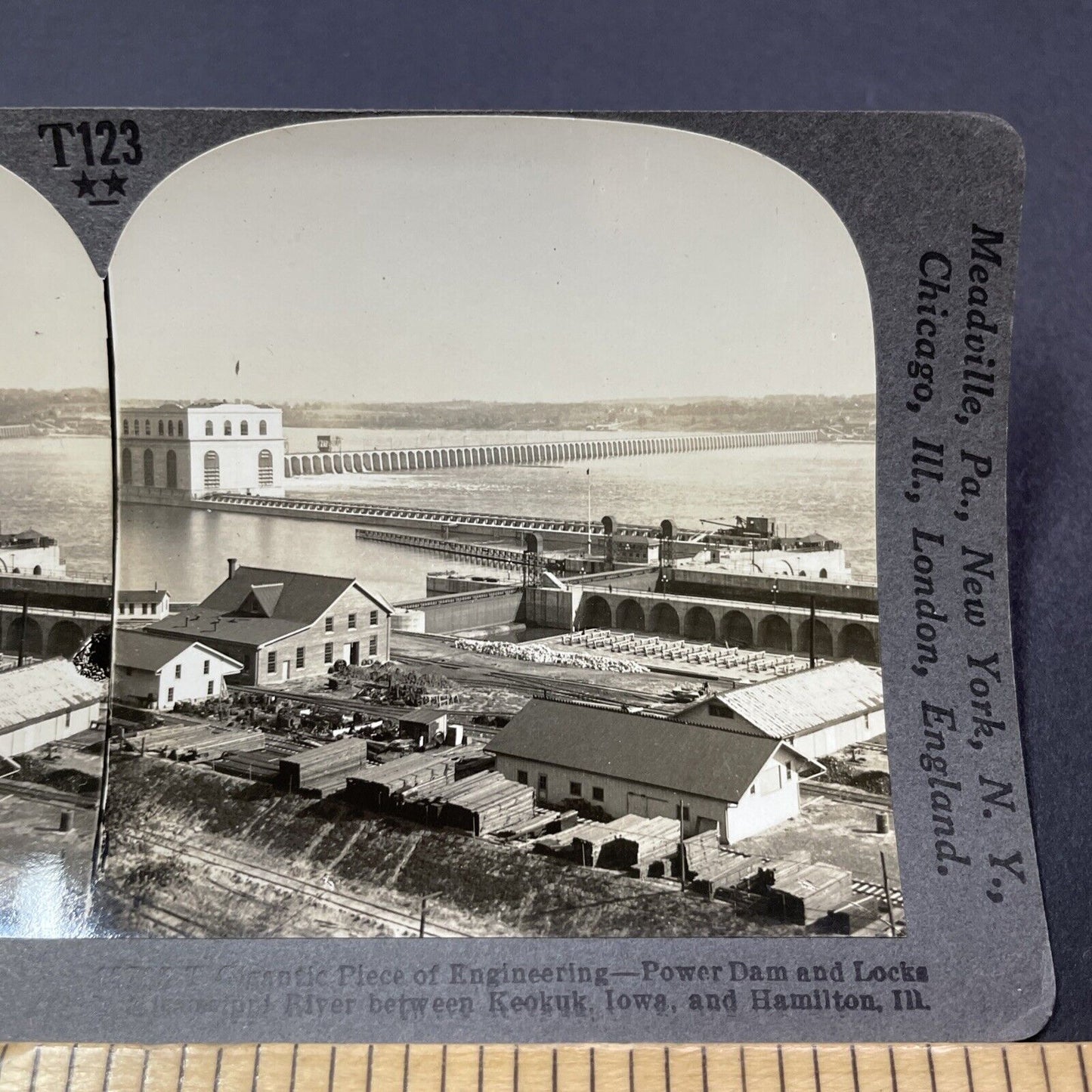 Antique 1910s Keokuk Iowa Hydro Electric Dam Stereoview Photo Card V2183
