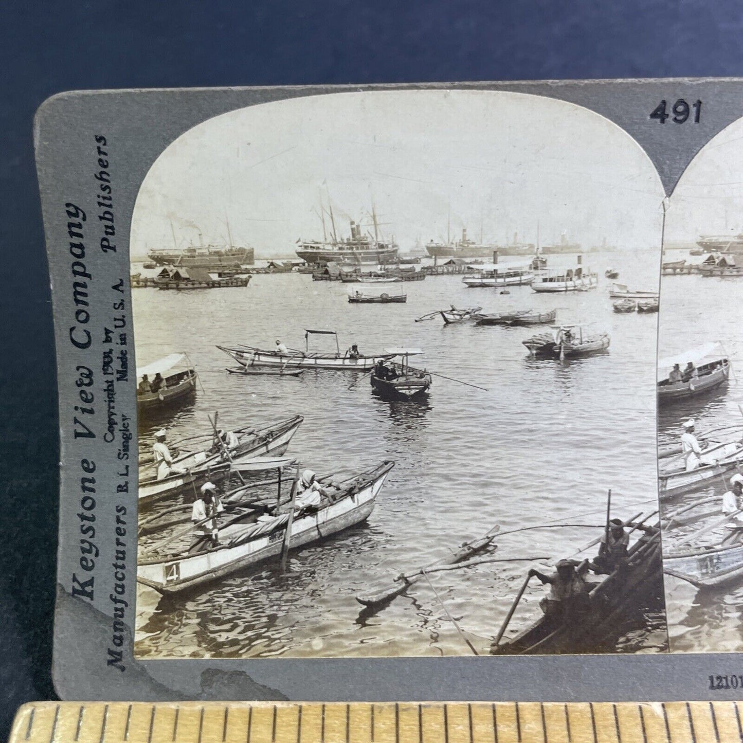 Antique 1901 Fishing Boats At Harbor Sri Lanka Stereoview Photo Card P2171