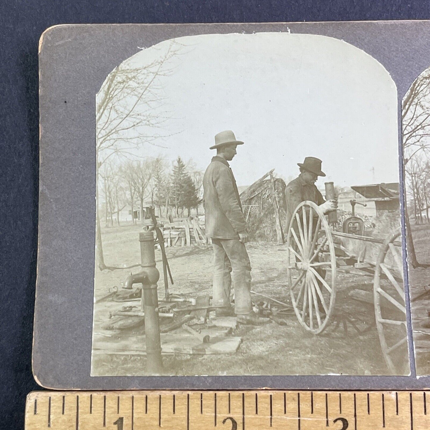 Farmers Fixing A Water Well Stereoview Sharon Wisconsin Antique c1910 X1603