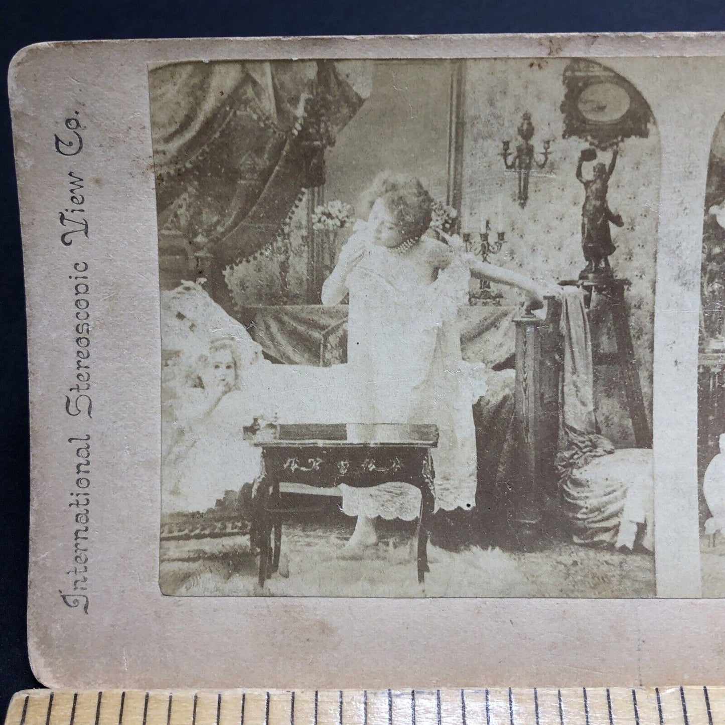 Antique 1894 Woman's Lingerie Falling Off Seductive Stereoview Photo Card P1967