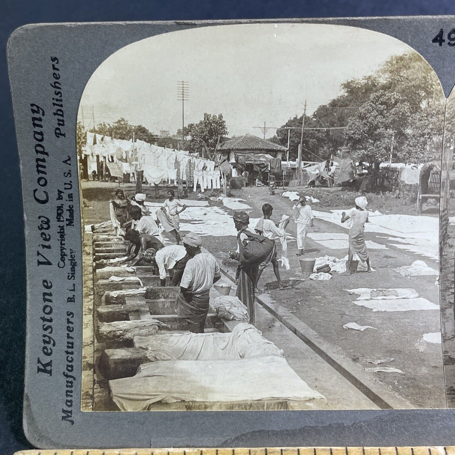 Antique 1901 Public Laundry Tubs Sri Lanka Stereoview Photo Card P2148