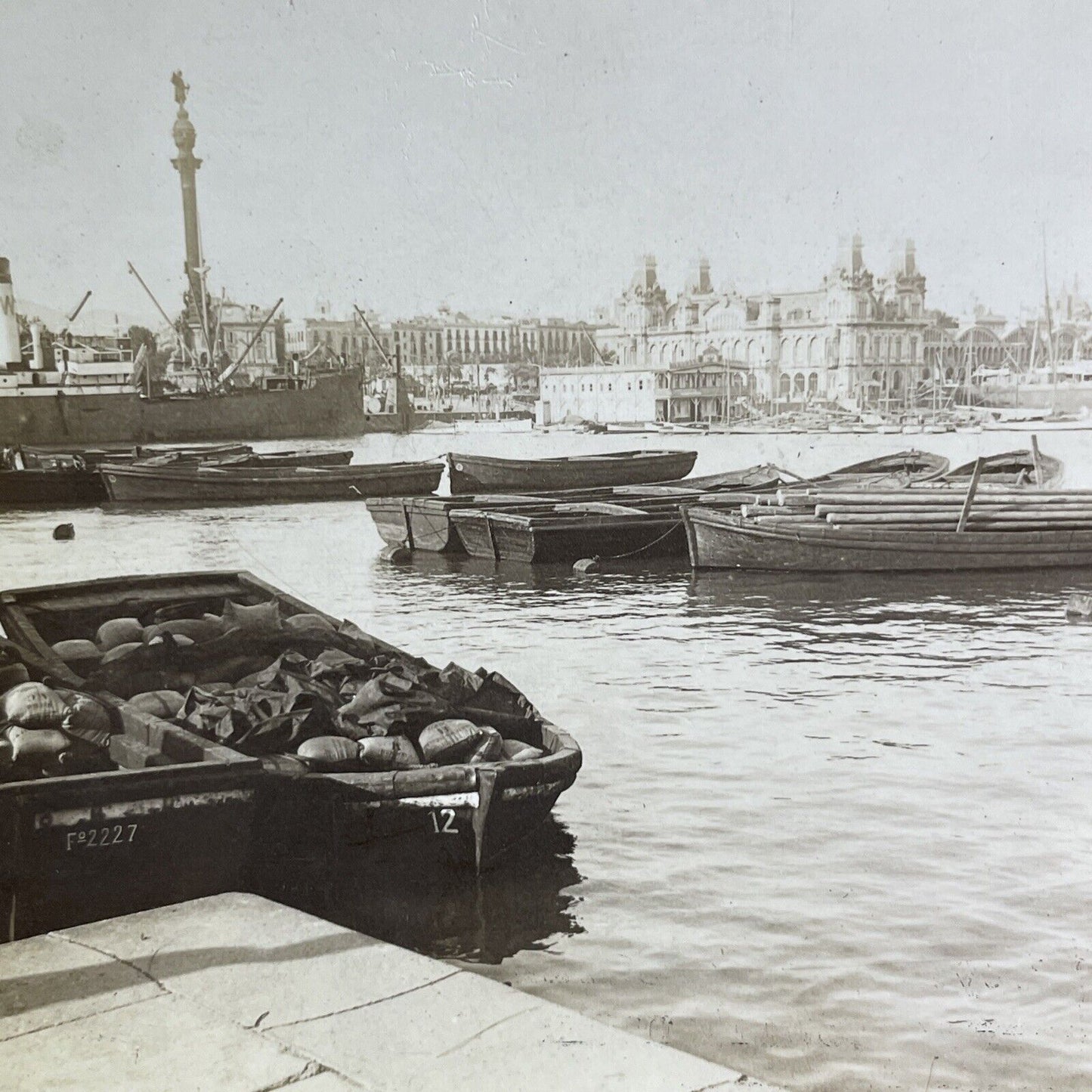 Antique 1908 City Of Barcelona Spain From Harbor Stereoview Photo Card P2183