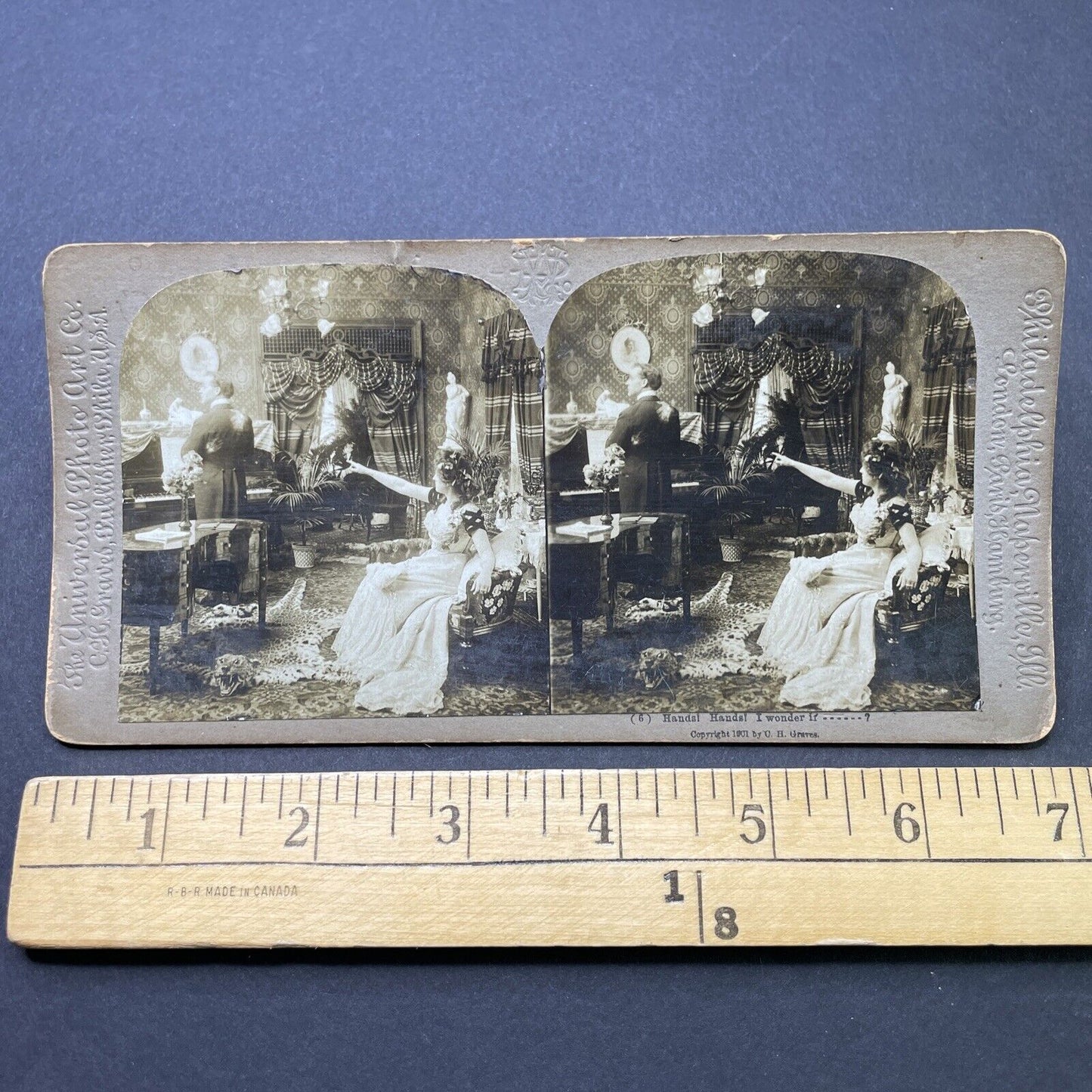 Antique 1901 Cheetah Skin Rug In Piano Room Stereoview Photo Card P2574