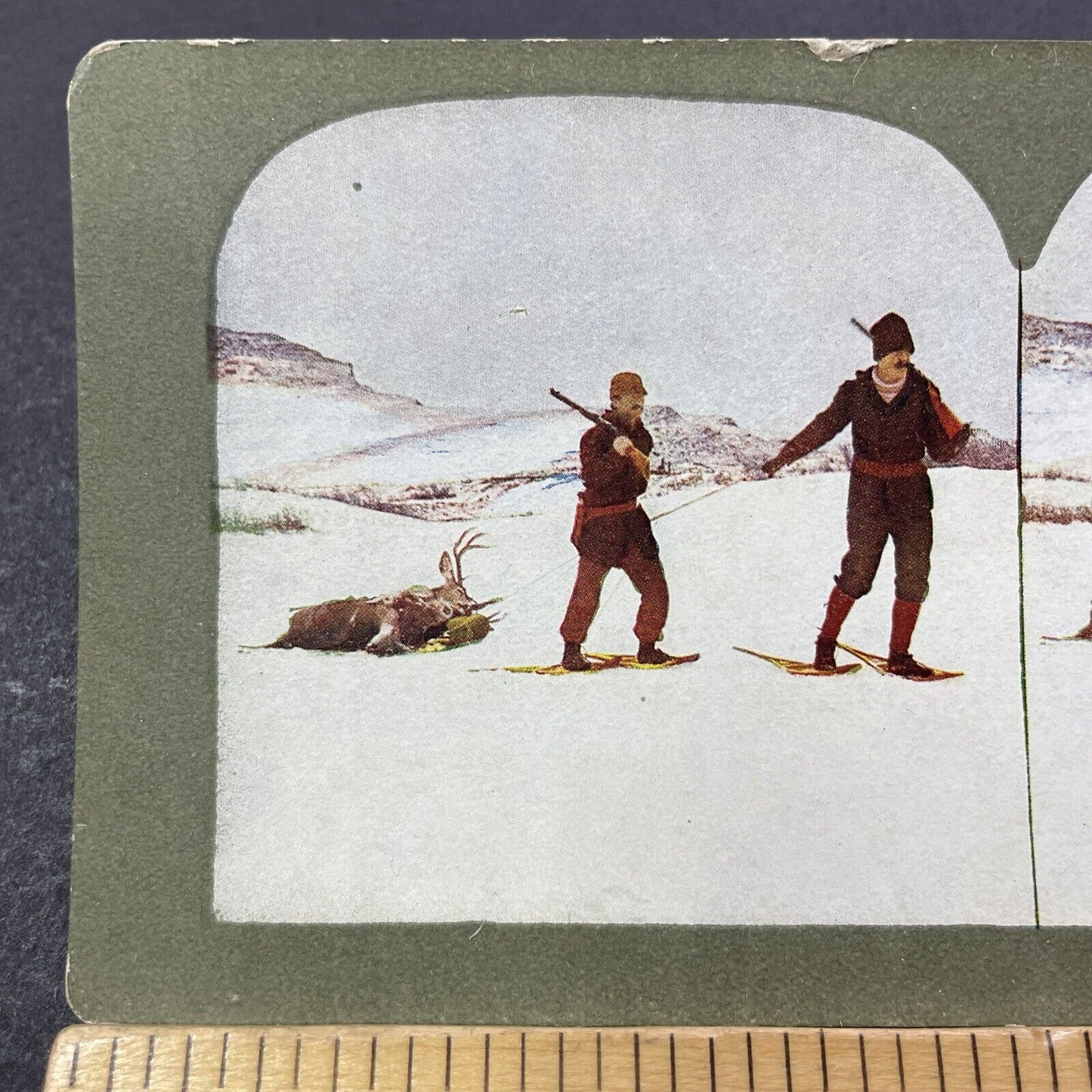 Antique 1910s Snowshoe Hunters Drag Elk Stereoview Photo Card V3337