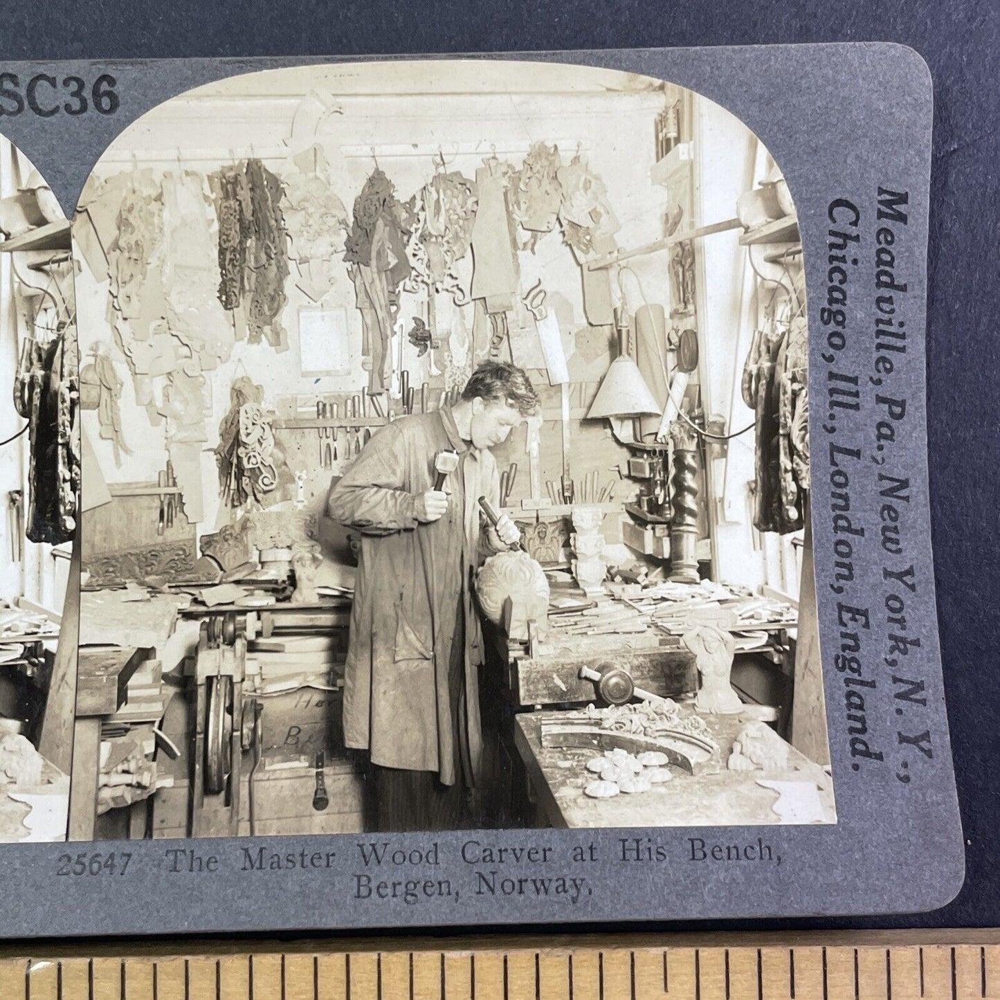 A Master Wood Carver in Bergen Norway Stereoview Antique c1910s Y1367