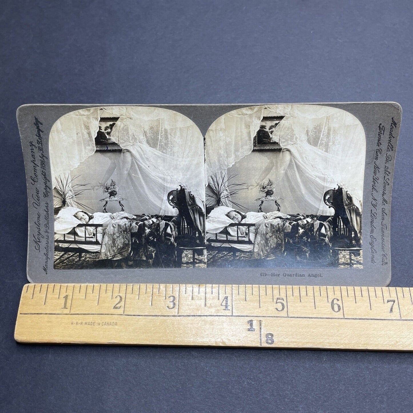 Antique 1898 Child Being Watched Over By An Angel Stereoview Photo Card P1981
