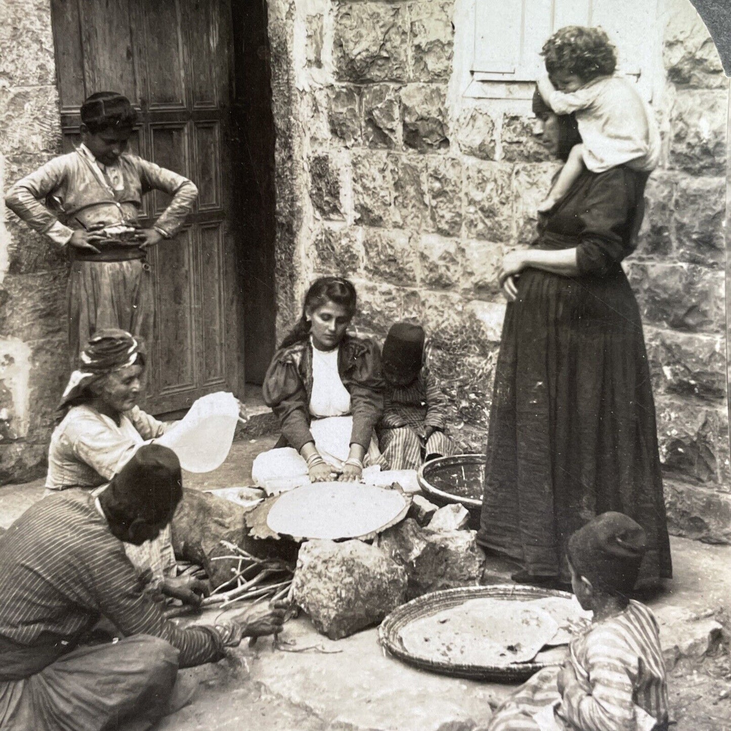 Antique 1909 Traditional Bread Making In Lebanon Stereoview Photo Card P1725