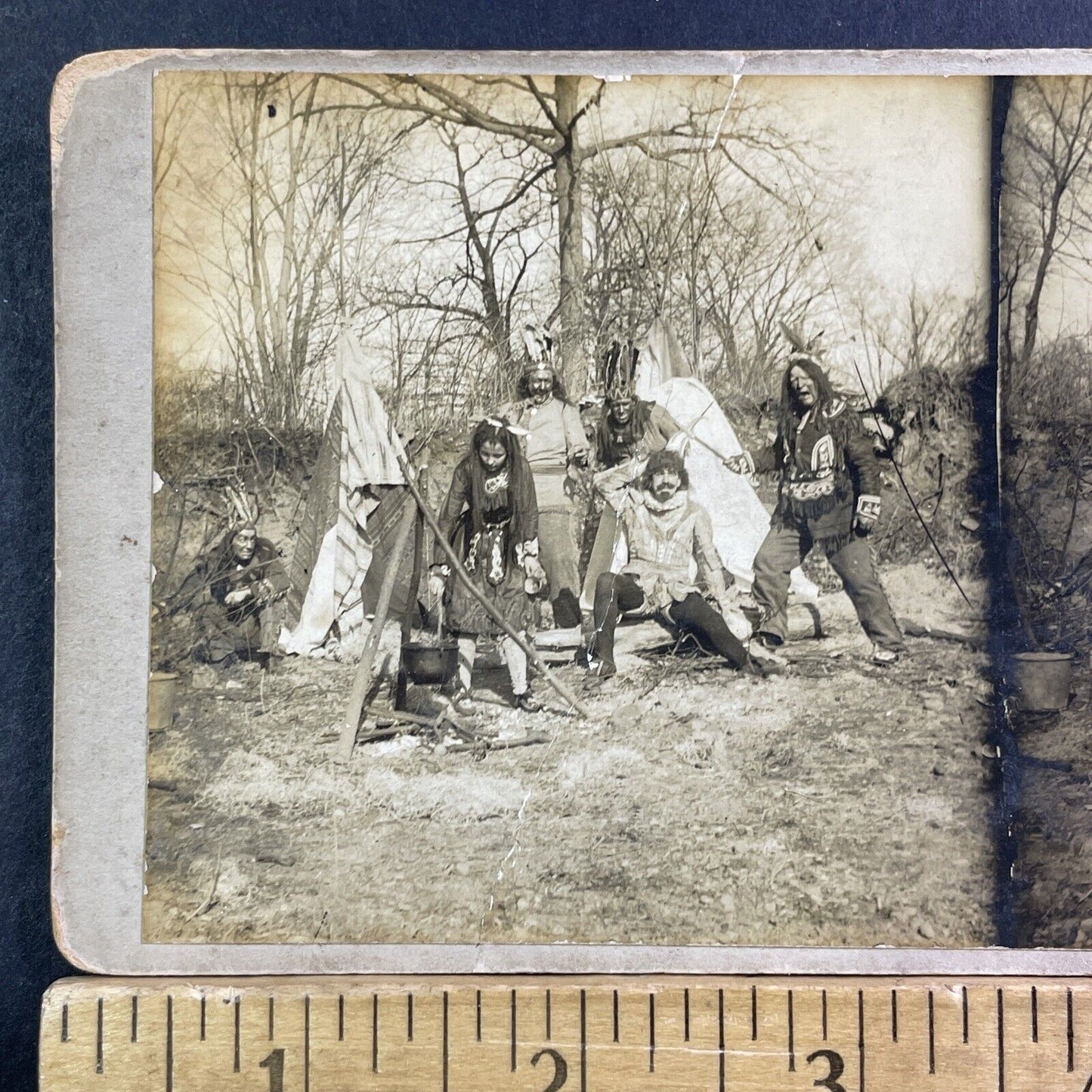 Native Indian Theater Troupe Scalp A Man Stereoview Antique c1910 X2475