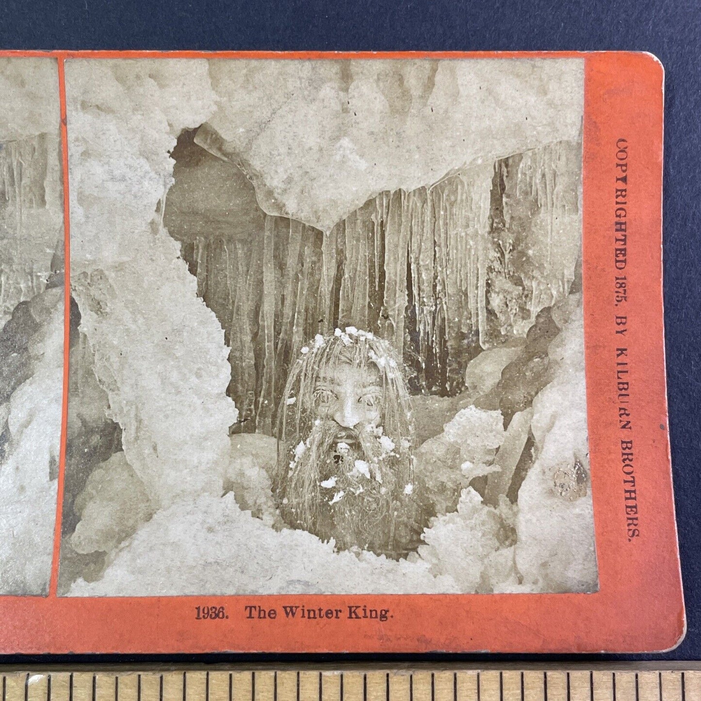 Creepy Stuffed Cloth Head Stereoview The Winter King Antique c1875 Y1346