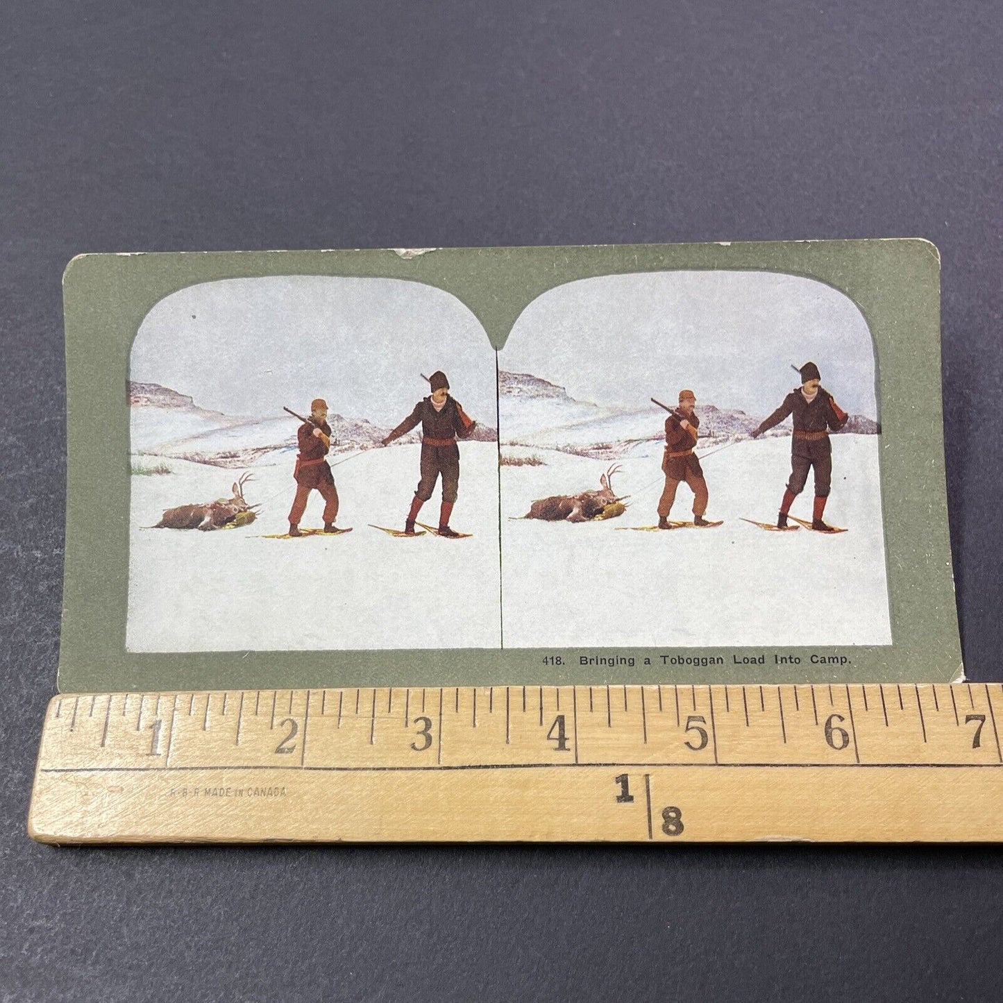 Antique 1910s Snowshoe Hunters Drag Elk Stereoview Photo Card V3337
