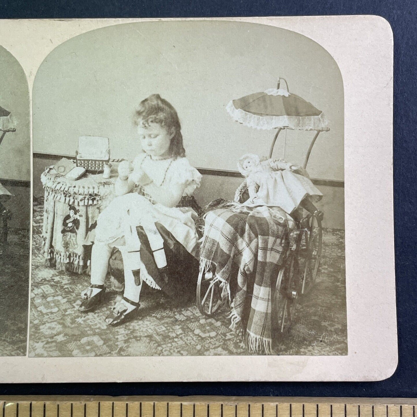 Little Girl Mending Doll Clothes Stereoview Victorian Dolls Antique c1880 Y457