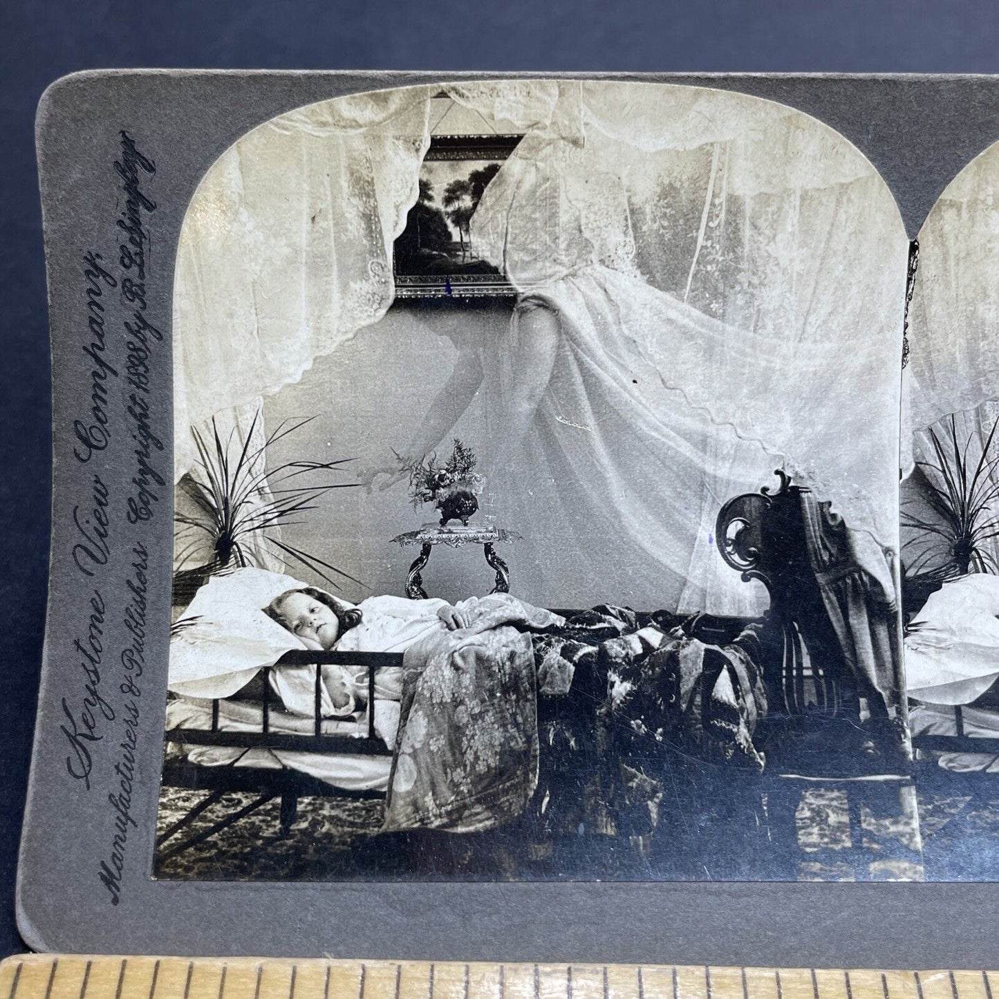 Antique 1898 Child Being Watched Over By An Angel Stereoview Photo Card P1981