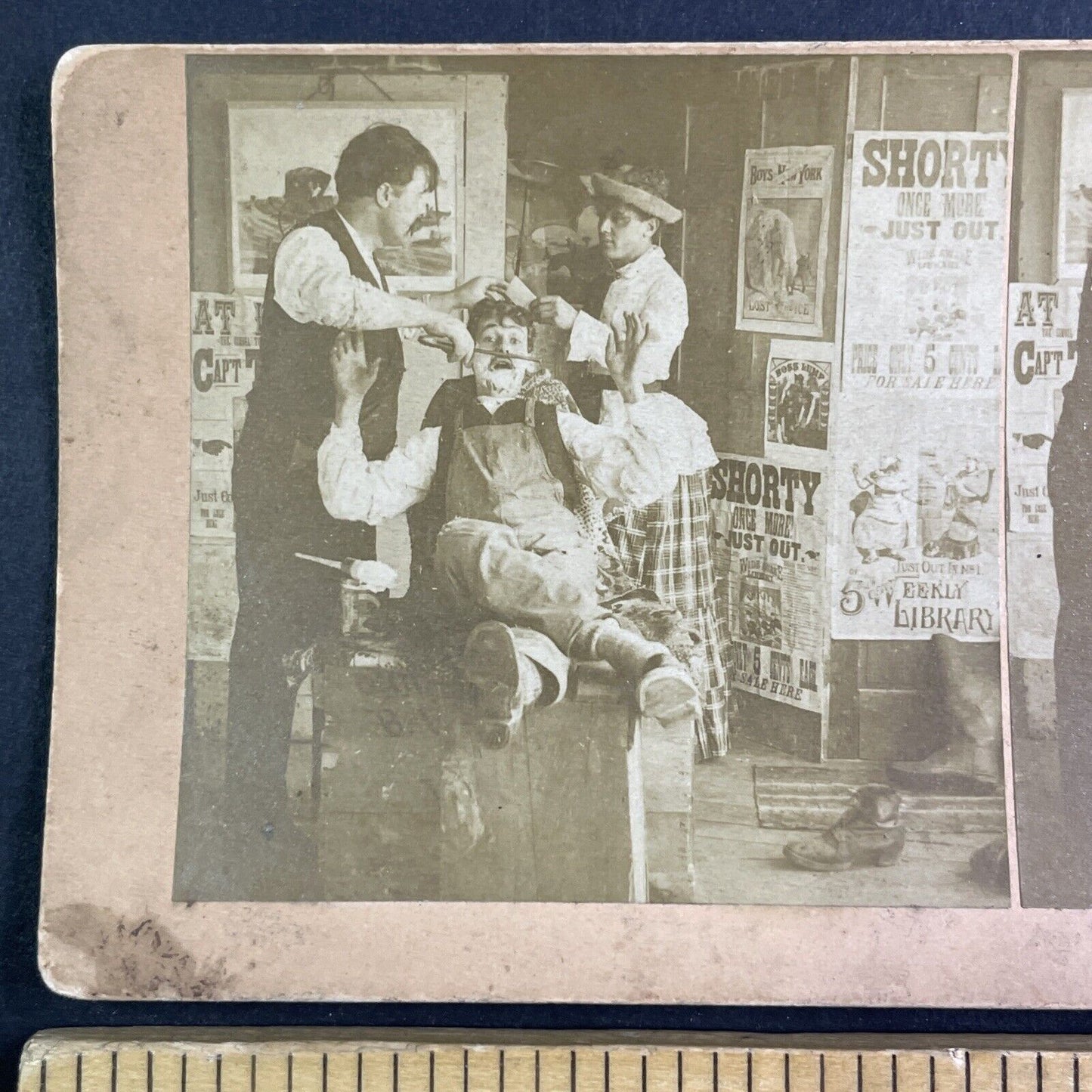 Barber Slices Man with a Razor Stereoview Antique c1899 Y1210