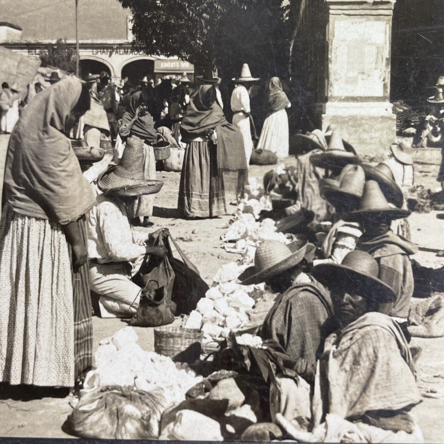 Antique 1918 Farmers Market Cuernavaca Mexico Stereoview Photo Card P1433