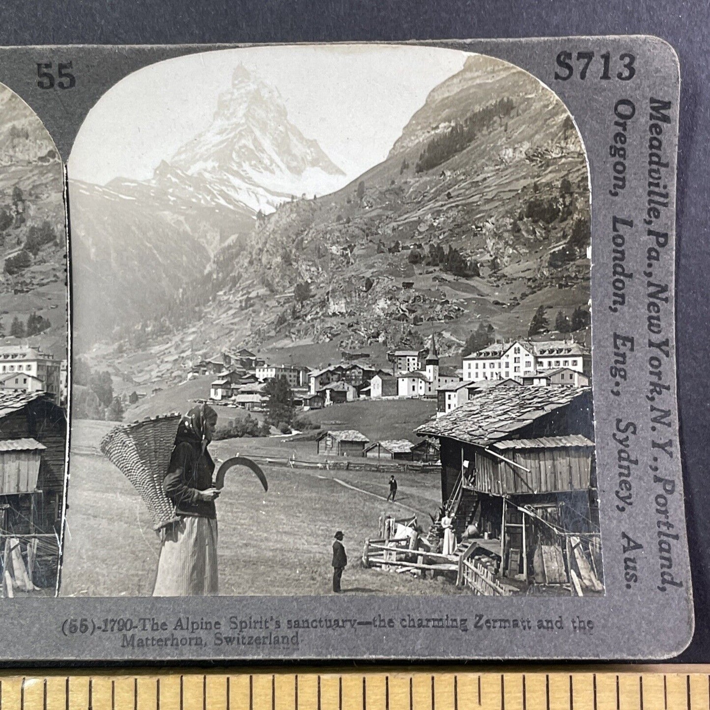 Woman with Scythe Matterhorn Zermatt Switzerland Stereoview Antique c1899 Y493