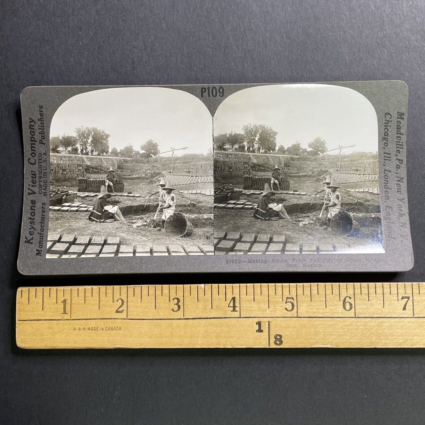 Antique 1918 Brick Factory & Masons In Mexico Stereoview Photo Card P1617
