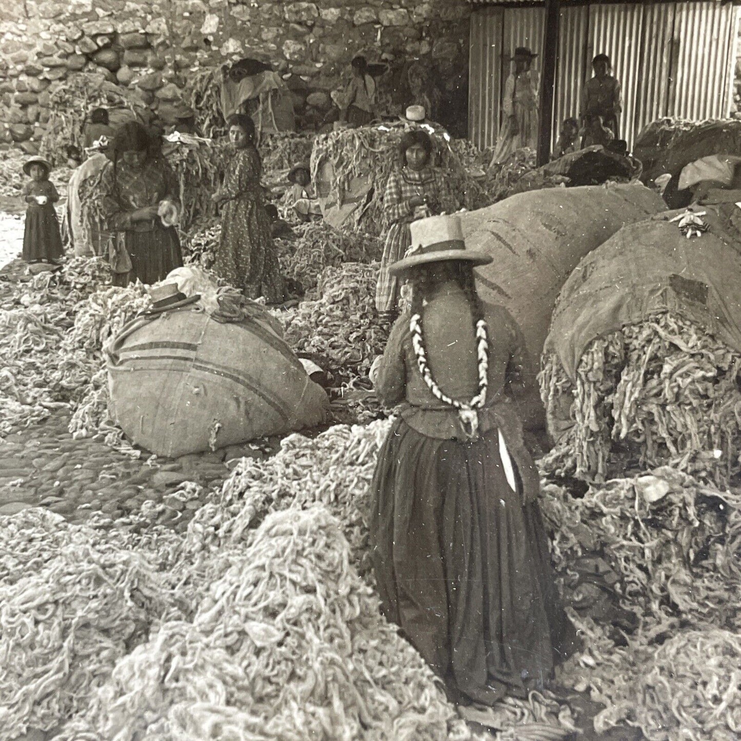 Antique 1909 Native Women Farm Alpaca Wool Peru Stereoview Photo Card P1926