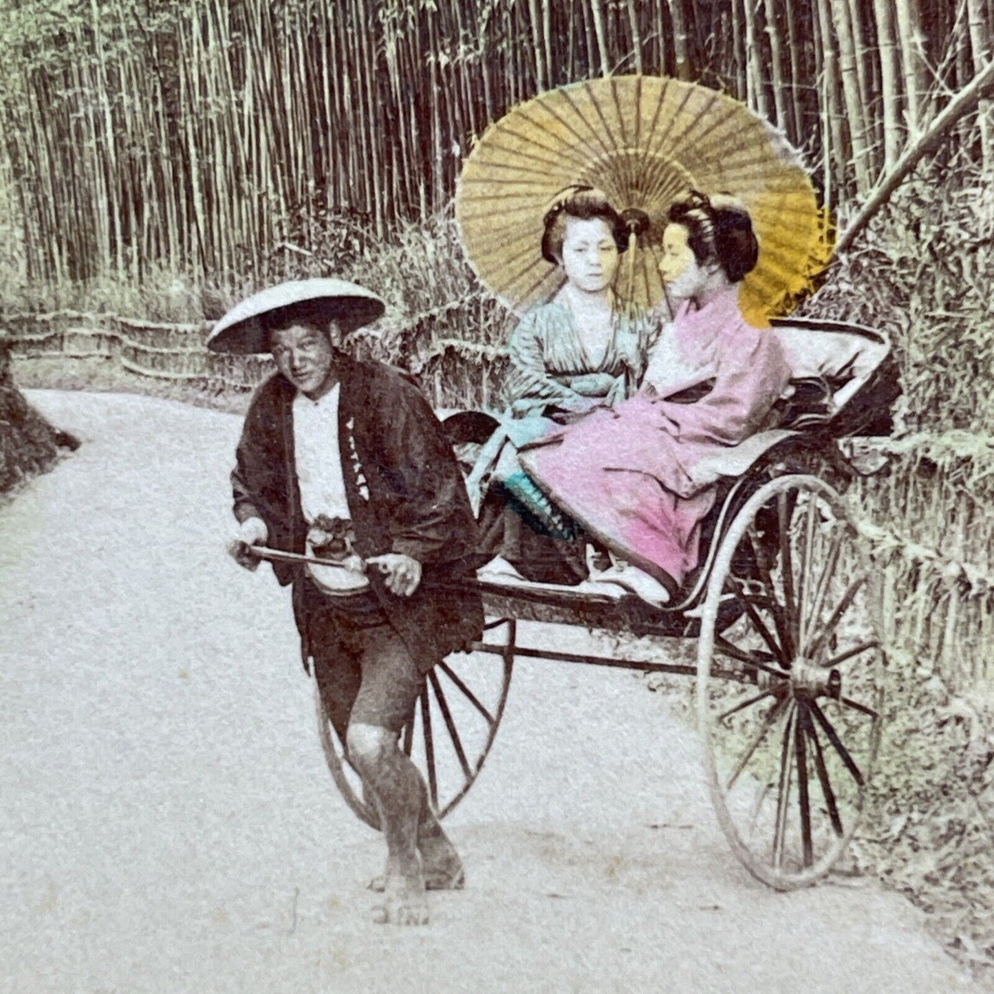 Antique 1896 Teenage Girls In A Rickshaw Kyoto Japan Stereoview Photo Card V516