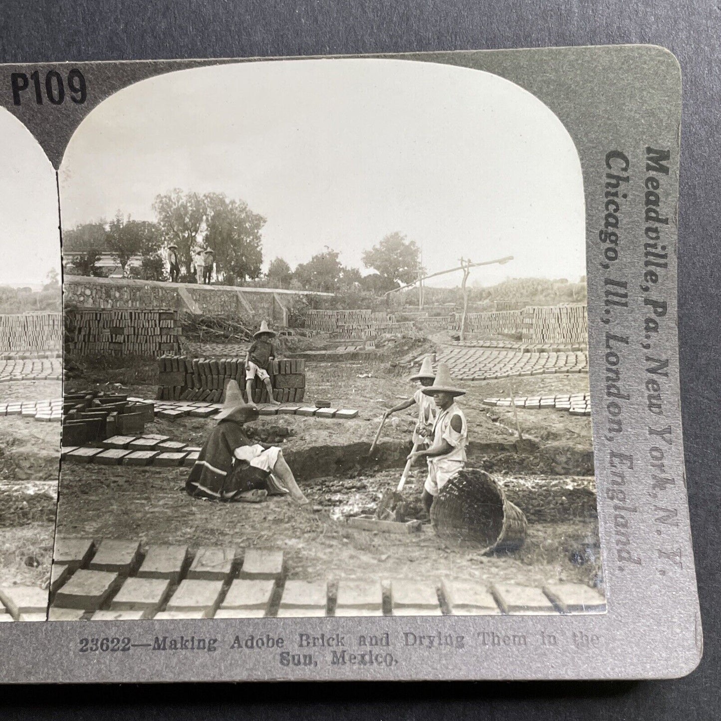 Antique 1918 Brick Factory & Masons In Mexico Stereoview Photo Card P1617