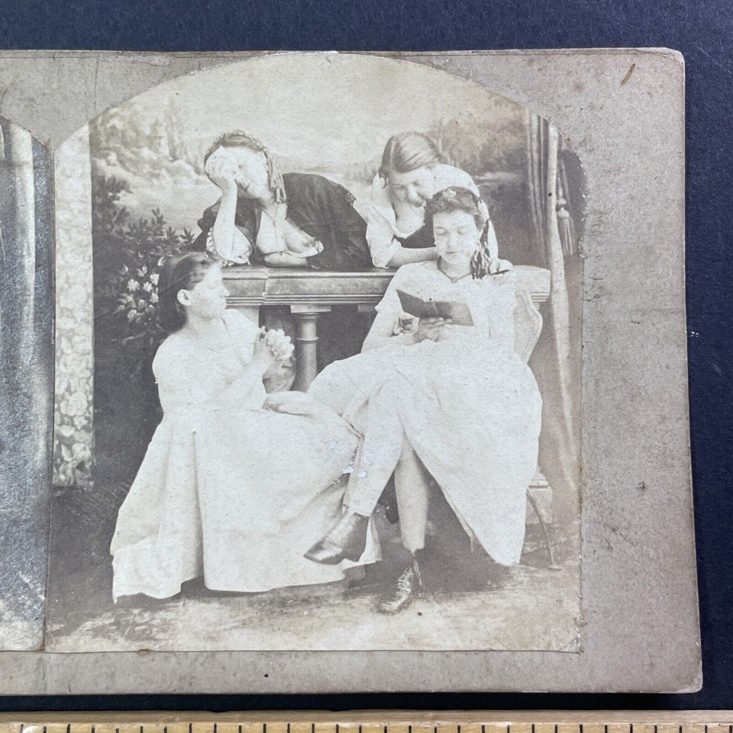 Nude Bare-Breasted Women Reading A Book Stereoview Antique c1860s Y022