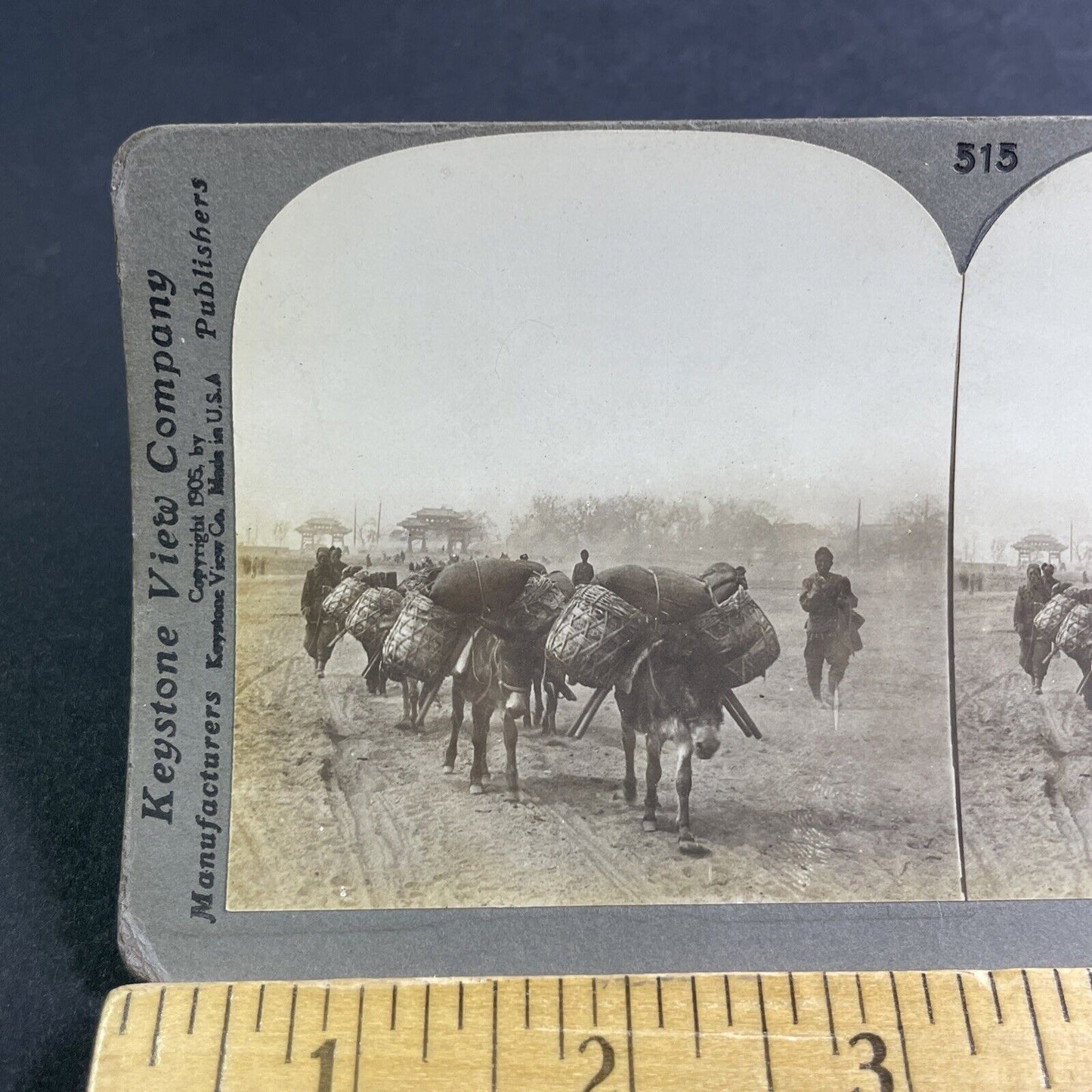 Antique 1905 Donkeys Hauling Rice In China Stereoview Photo Card P2164