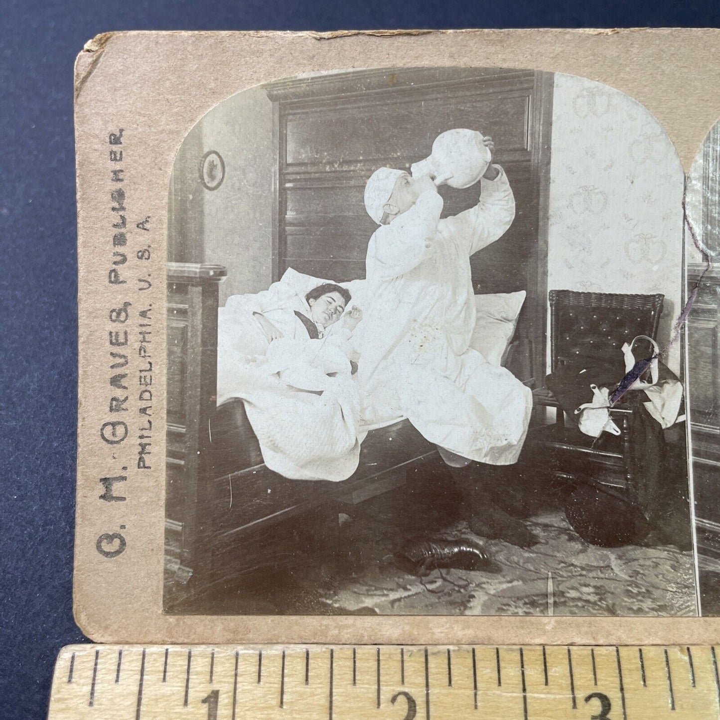 Antique 1897 Drunk Man Drinks From Urinal Pot Stereoview Photo Card P2988