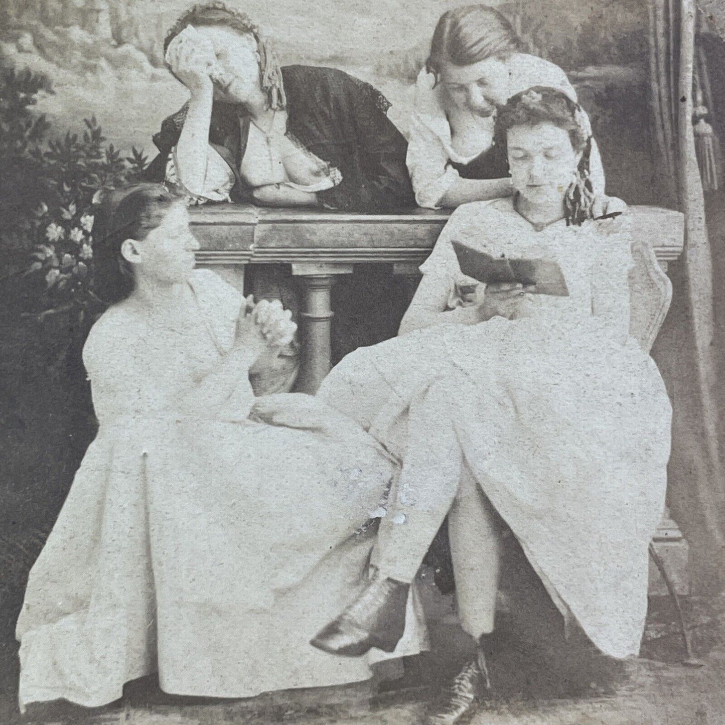Nude Bare-Breasted Women Reading A Book Stereoview Antique c1860s Y022