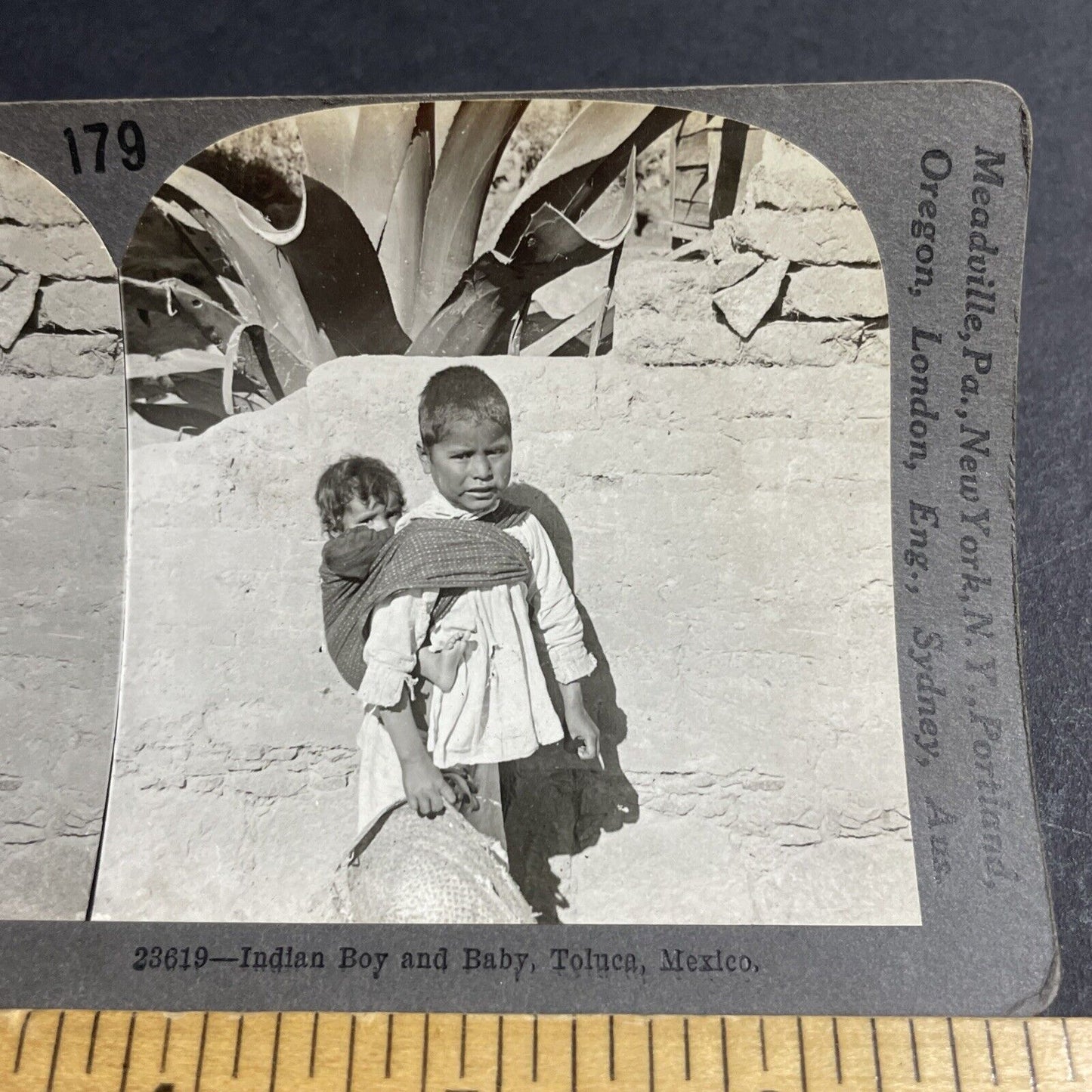 Antique 1910s Native Mexico Toddler Carrying A Baby Stereoview Photo Card P4447