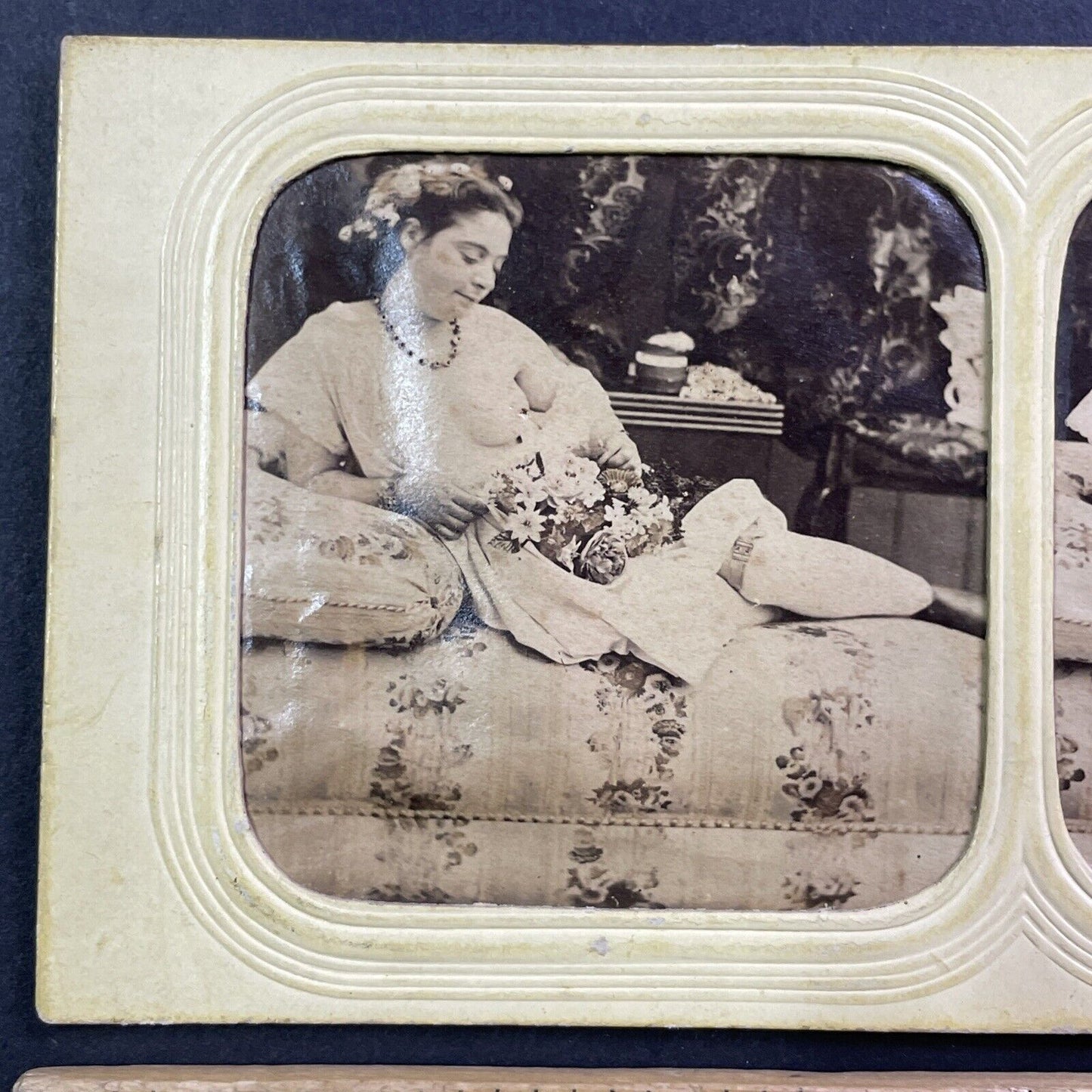 Nude Woman Seated Stereoview Hold-To-Light French Tissue Antique c1860s Y023