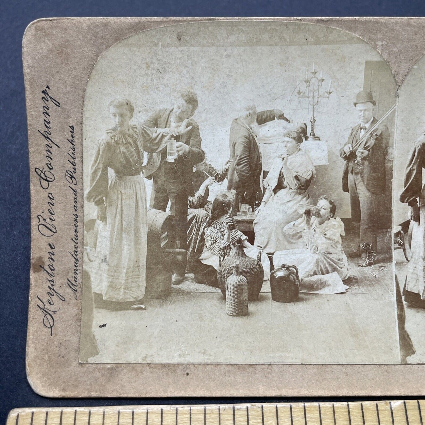 Antique 1890s People Getting Drunk At A Funeral Stereoview Photo Card P2586