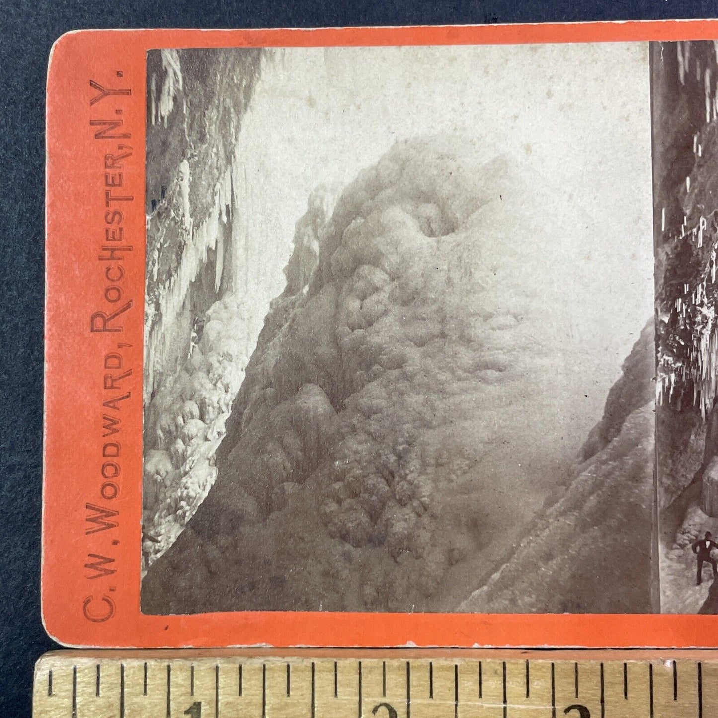 Under Niagara Falls In Winter Stereoview Photo CW Woodward Antique c1868 X1278