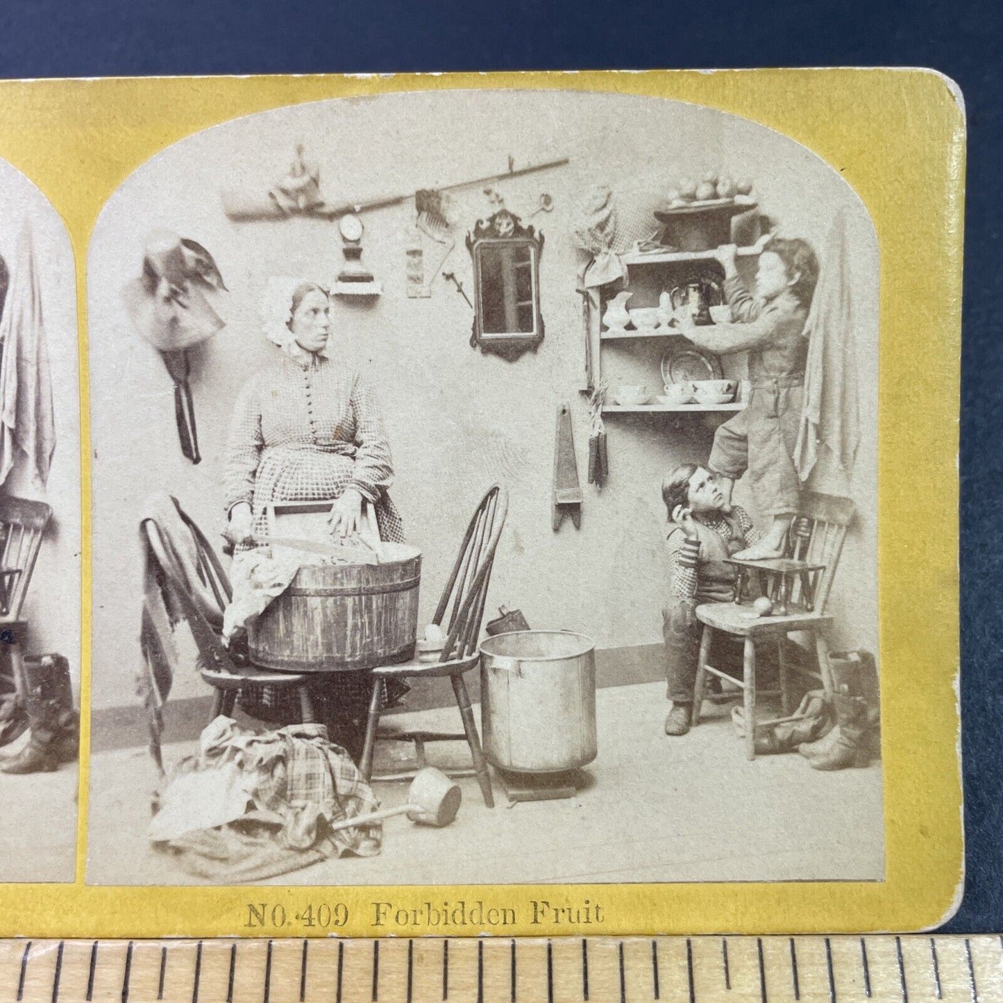 Antique 1870s Children Caught Stealing Apples By Mom Stereoview Photo Card P3362