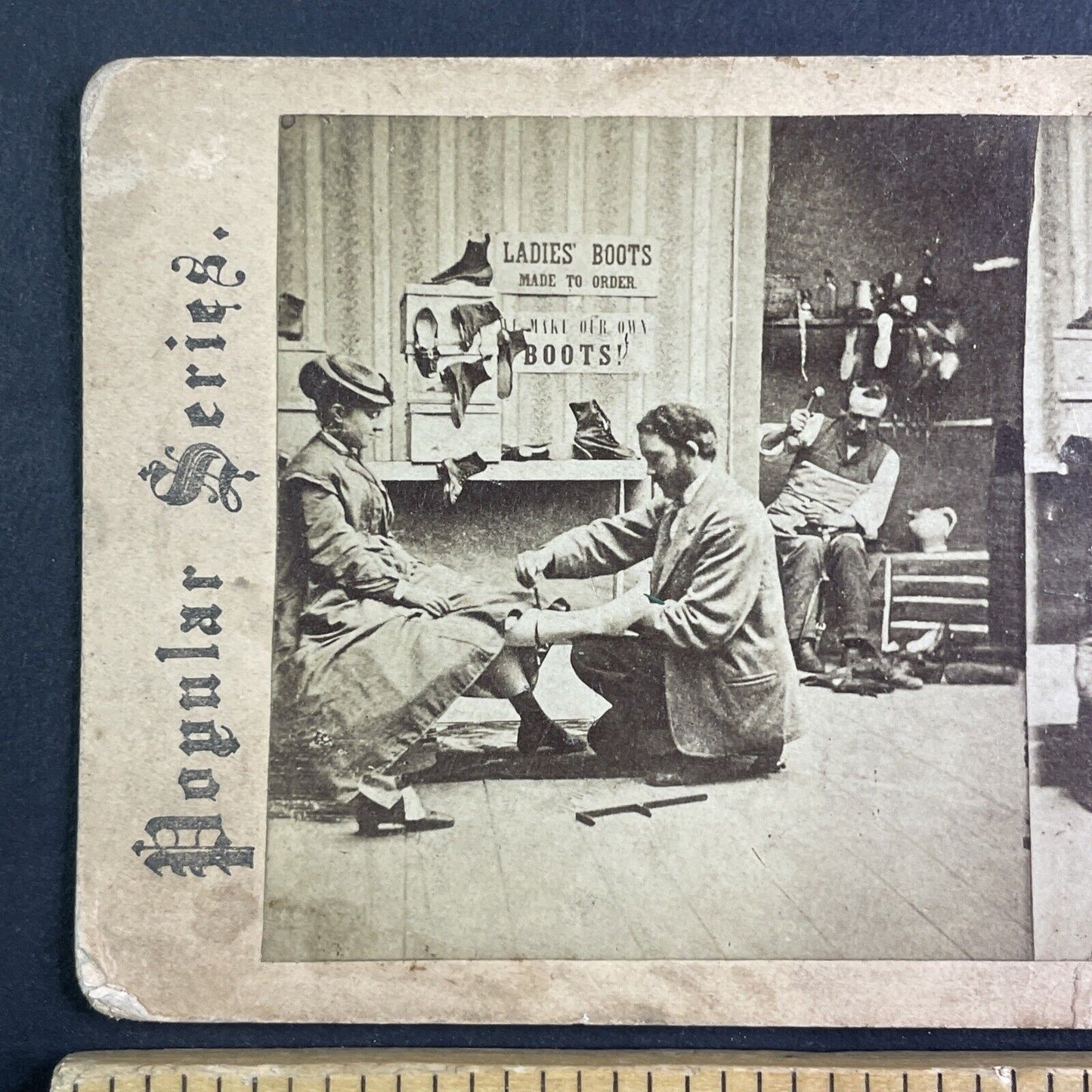 Shoemaker Man Measures Woman's Foot Stereoview Antique c1870s Y1208