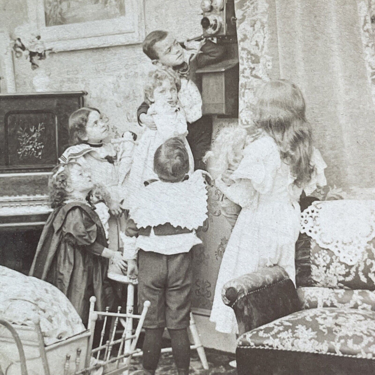Children Inspect a New Telephone Stereoview James M. Davis Antique c1899 Y138