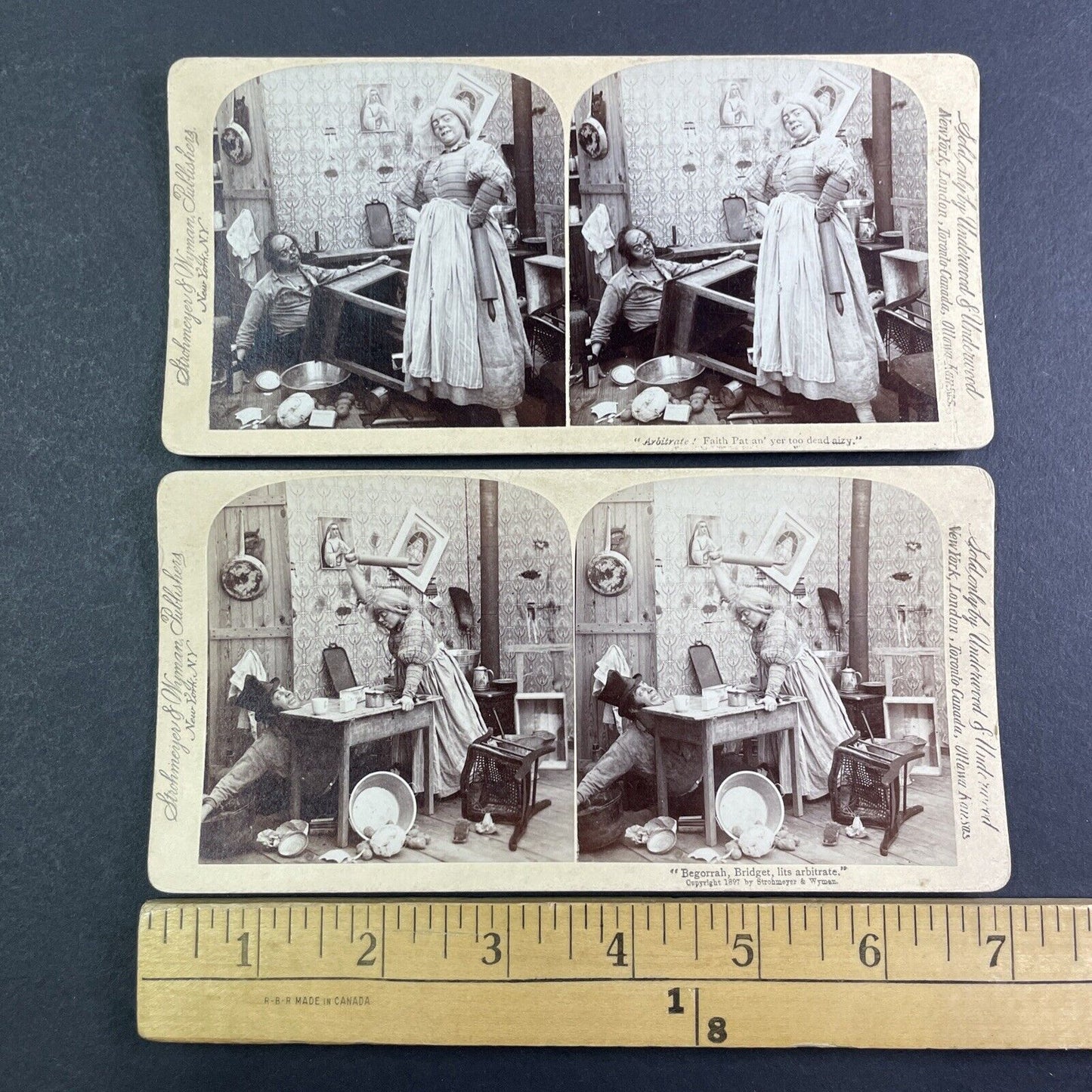 Lot of 2 Woman Beats Man with Rolling Pin Stereoview Series c1897 Y1392