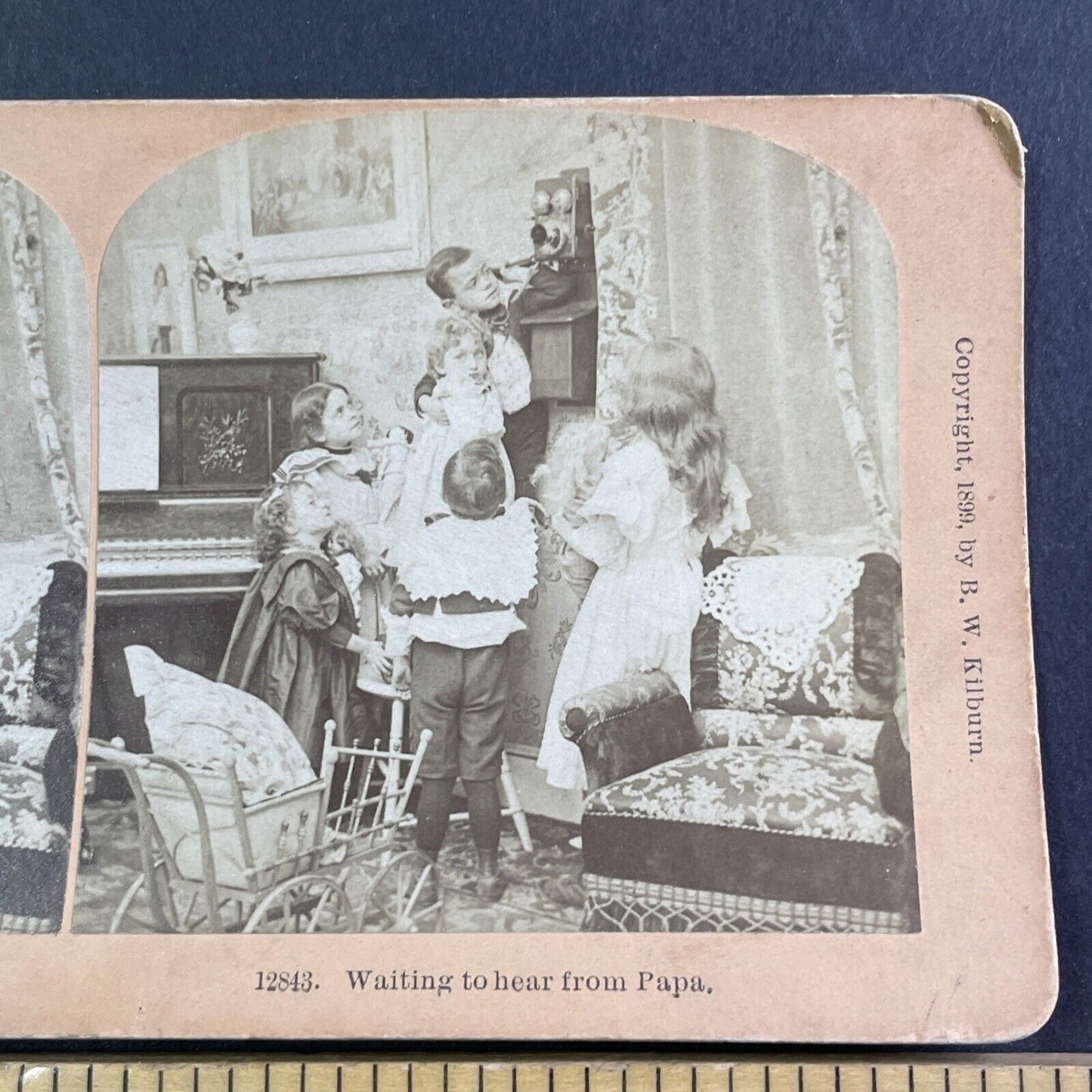 Children Inspect a New Telephone Stereoview James M. Davis Antique c1899 Y138