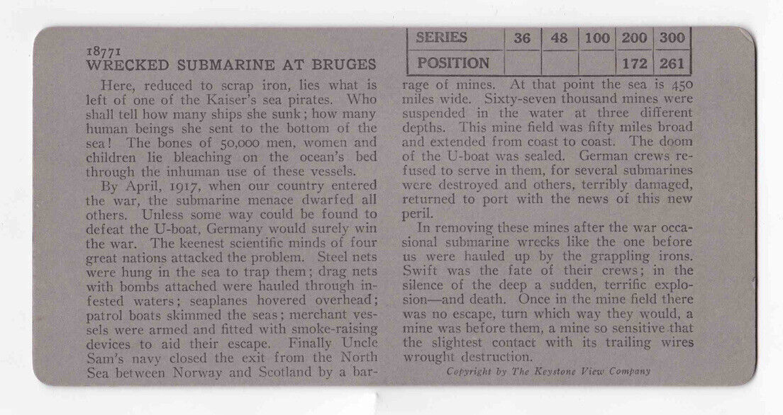 1918 Destroyed German U-Boat Submarine WWI In Bruges Belgium Stereo Card P377